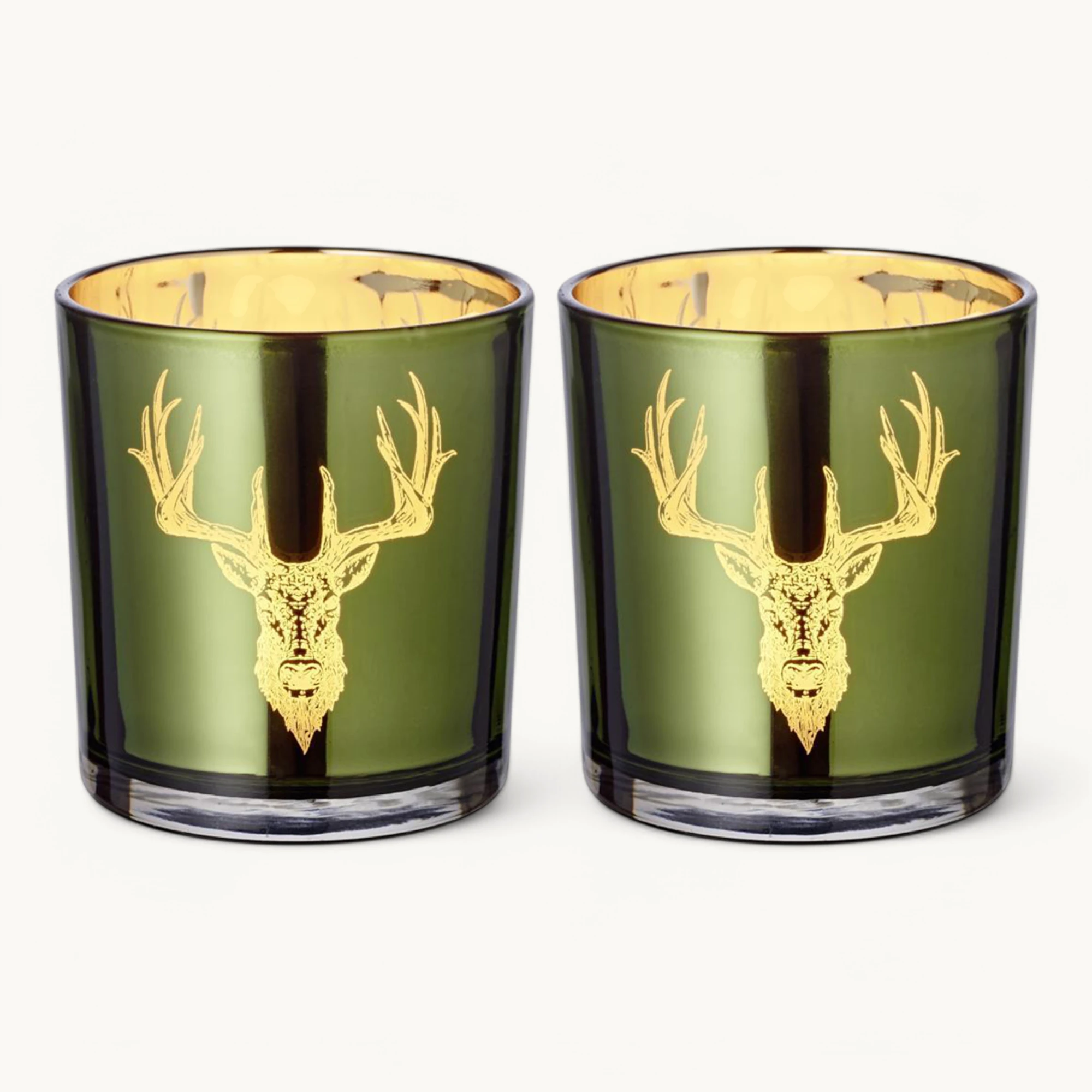 2er-Set Teelichtglas Ted (Höhe 8 cm), grün & goldfarben, Hirsch-Motiv