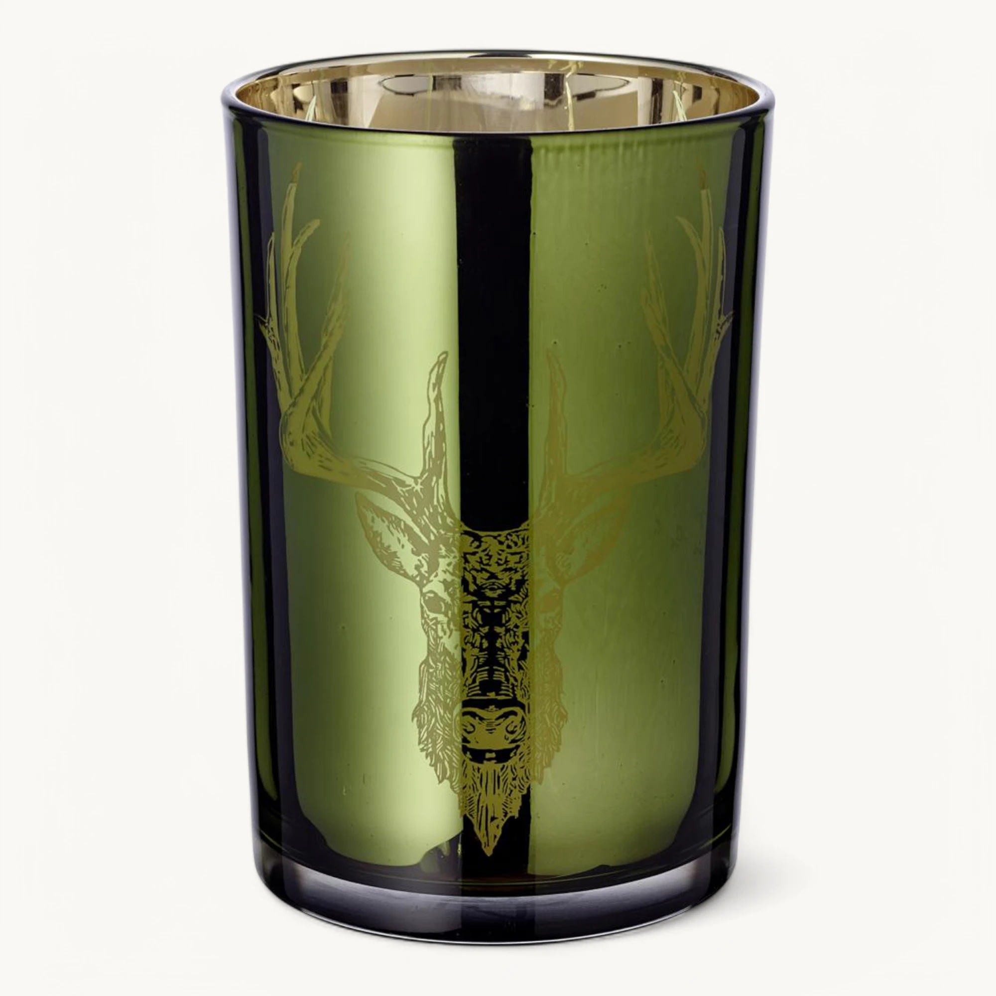 Teelichtglas Ted (Höhe 18 cm), grün & goldfarben, Hirsch-Motiv