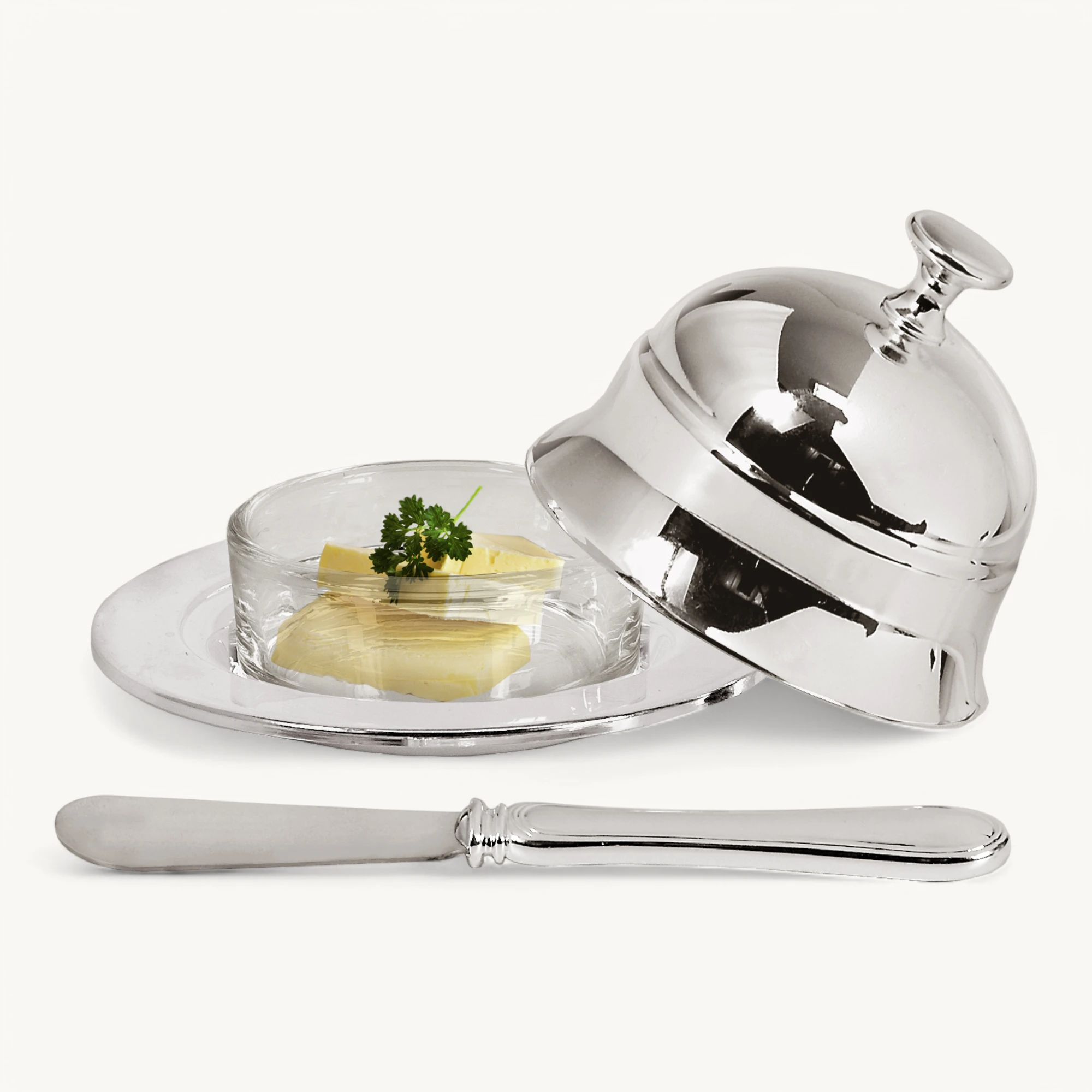 Butterglocke Epe (130 g Butter), edel versilbert, mit Glasschale und Buttermesser