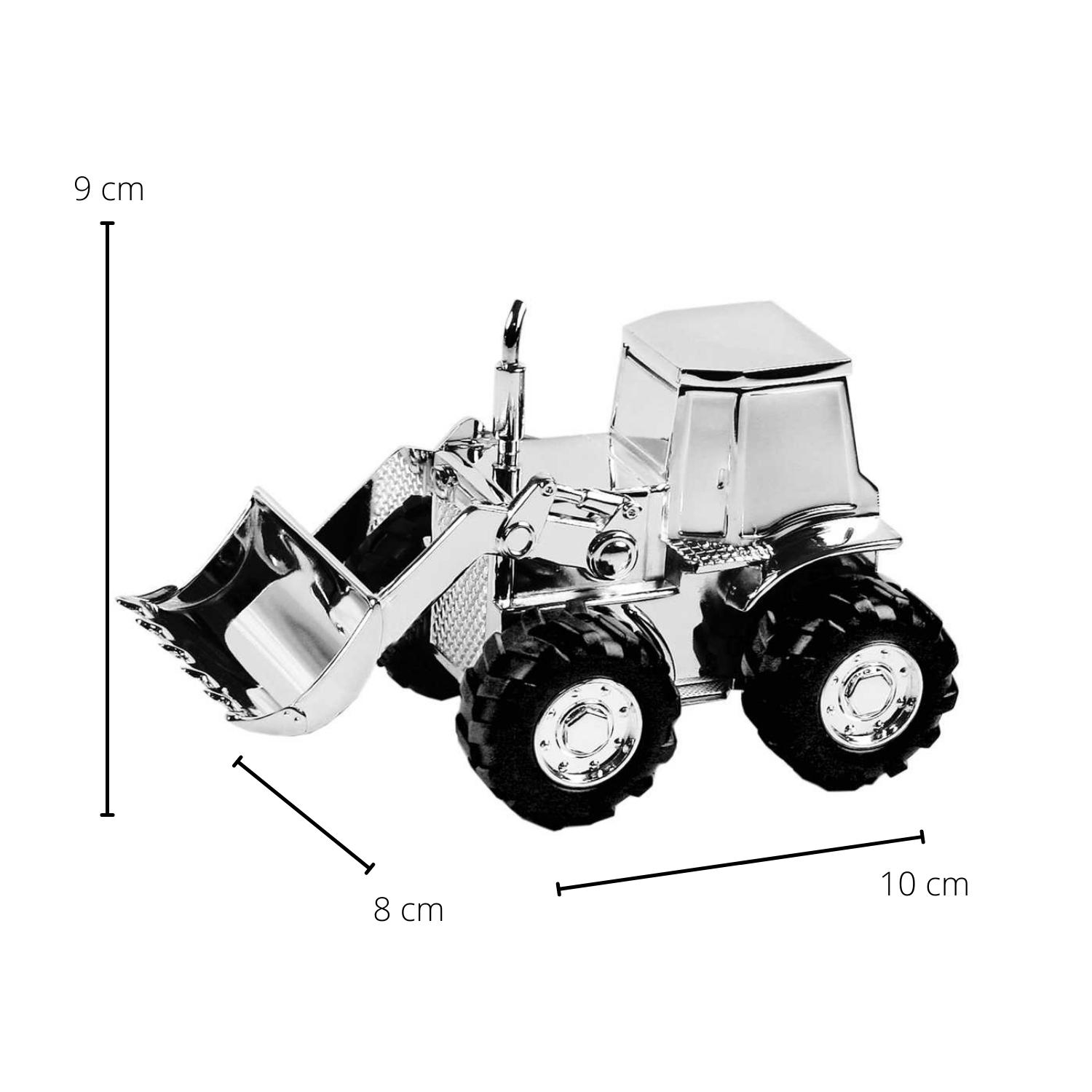 Spardose Sparbüchse Traktor Trecker, edel versilbert, anlaufgeschützt, Höhe 9 cm