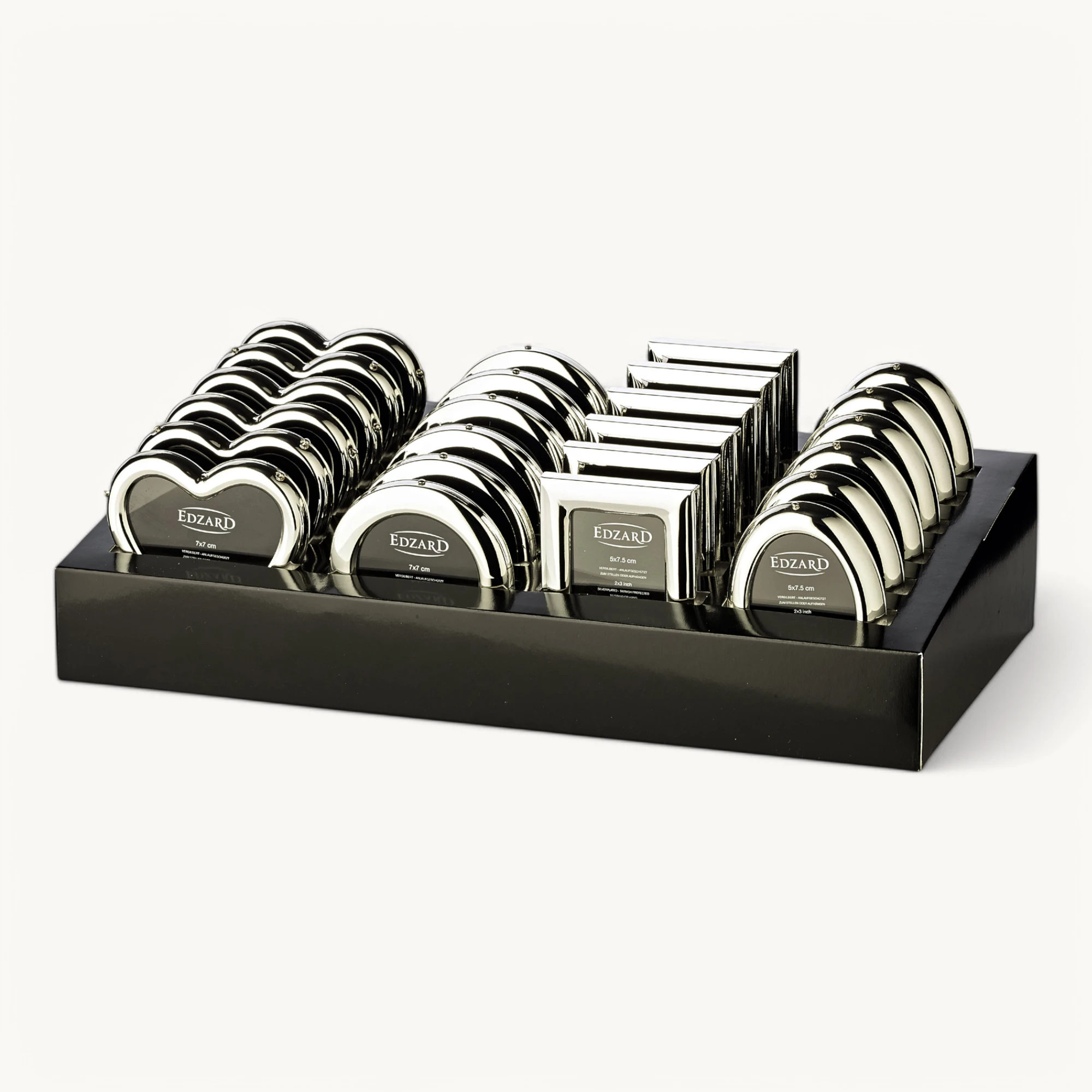 Display mit 24 Bilderrahmen (ca. 5x8 cm), edel versilbert, anlaufgeschützt