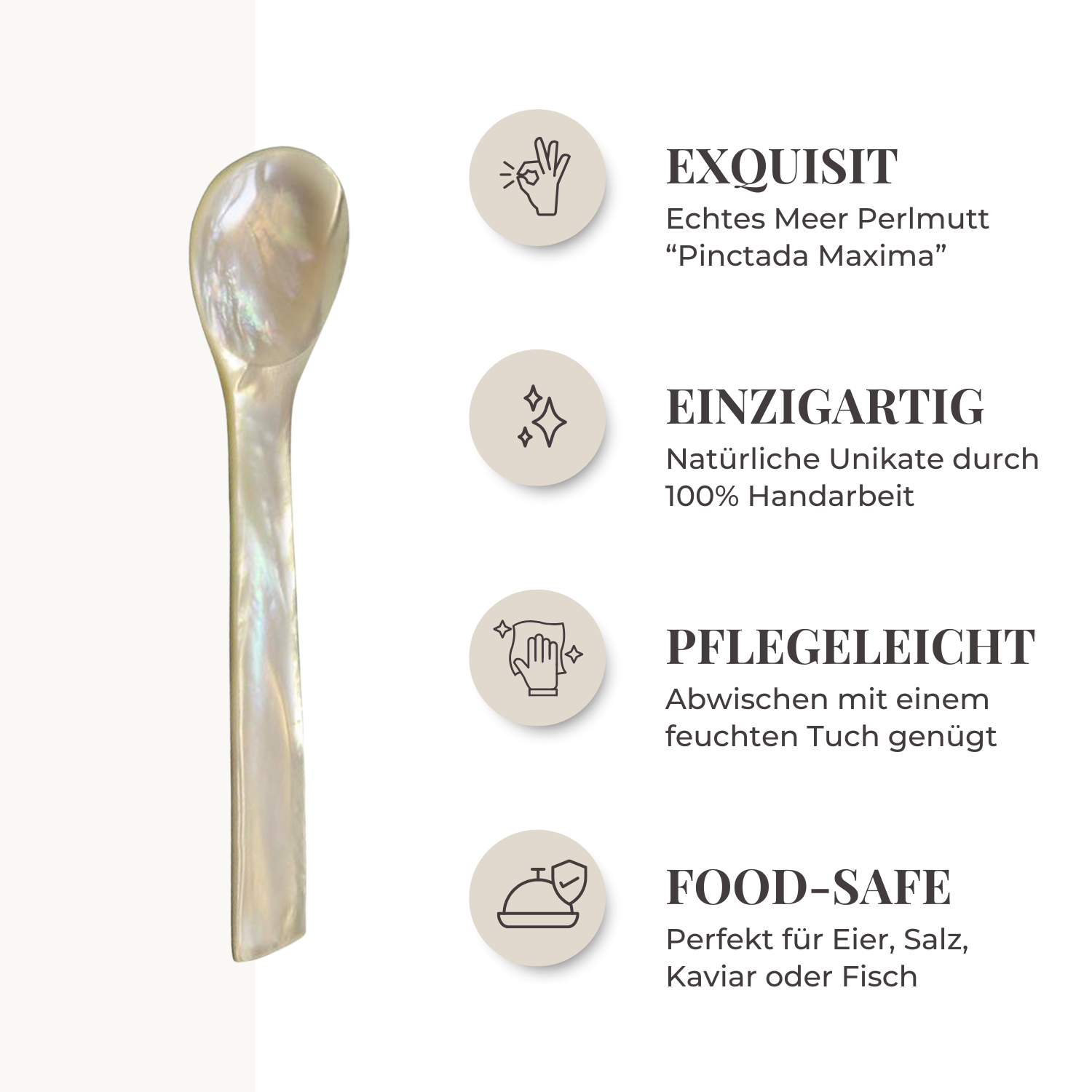 EDZARD 2er Set Eierlöffel (Länge 11 cm) aus echtem Meer-Perlmutt (Pinctada maxima), Handarbeit, 100% Naturprodukt, Griff oben eckig, edle Geschenkverpackung, Perlmuttlöffel für Ei und Kaviar