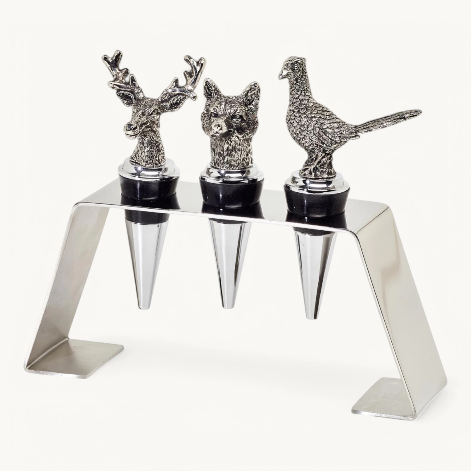 3er-Set Flaschenverschlüsse (Höhe 9 cm), inkl. Ständer, Hirsch, Fuchs, Fasan, Edelstahl