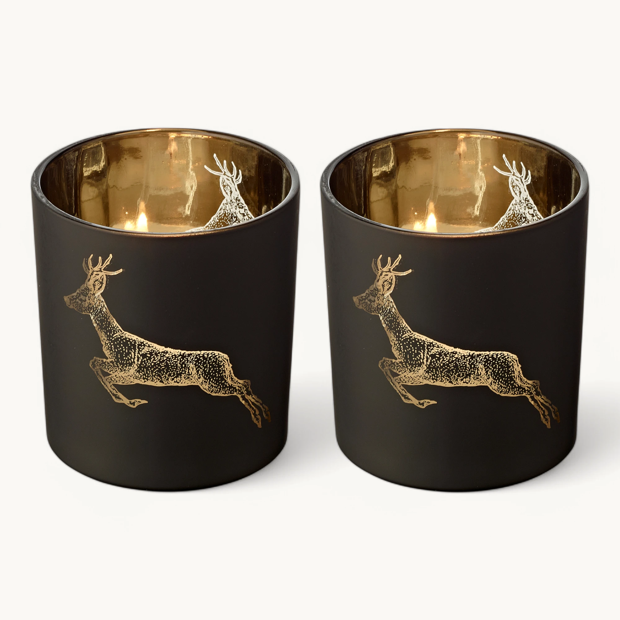 2er-Set Teelichtglas Sammy (Höhe 8 cm), schwarz & goldfarben, Hirsch-Motiv