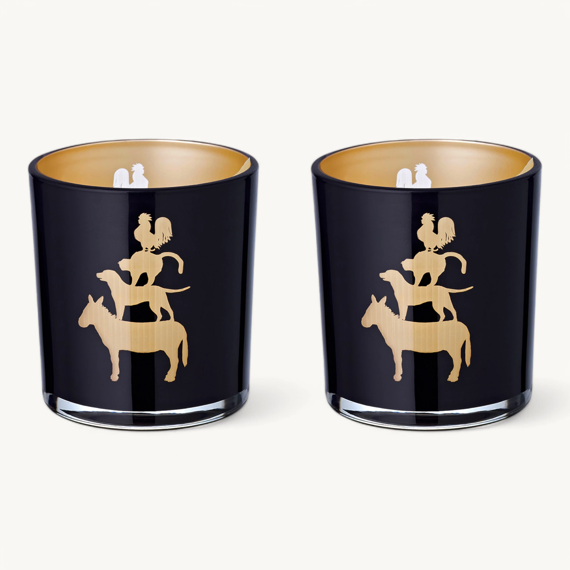 2er-Set Teelichtglas Stadtmusikanten (Höhe 8 cm), schwarz, Tier-Motiv