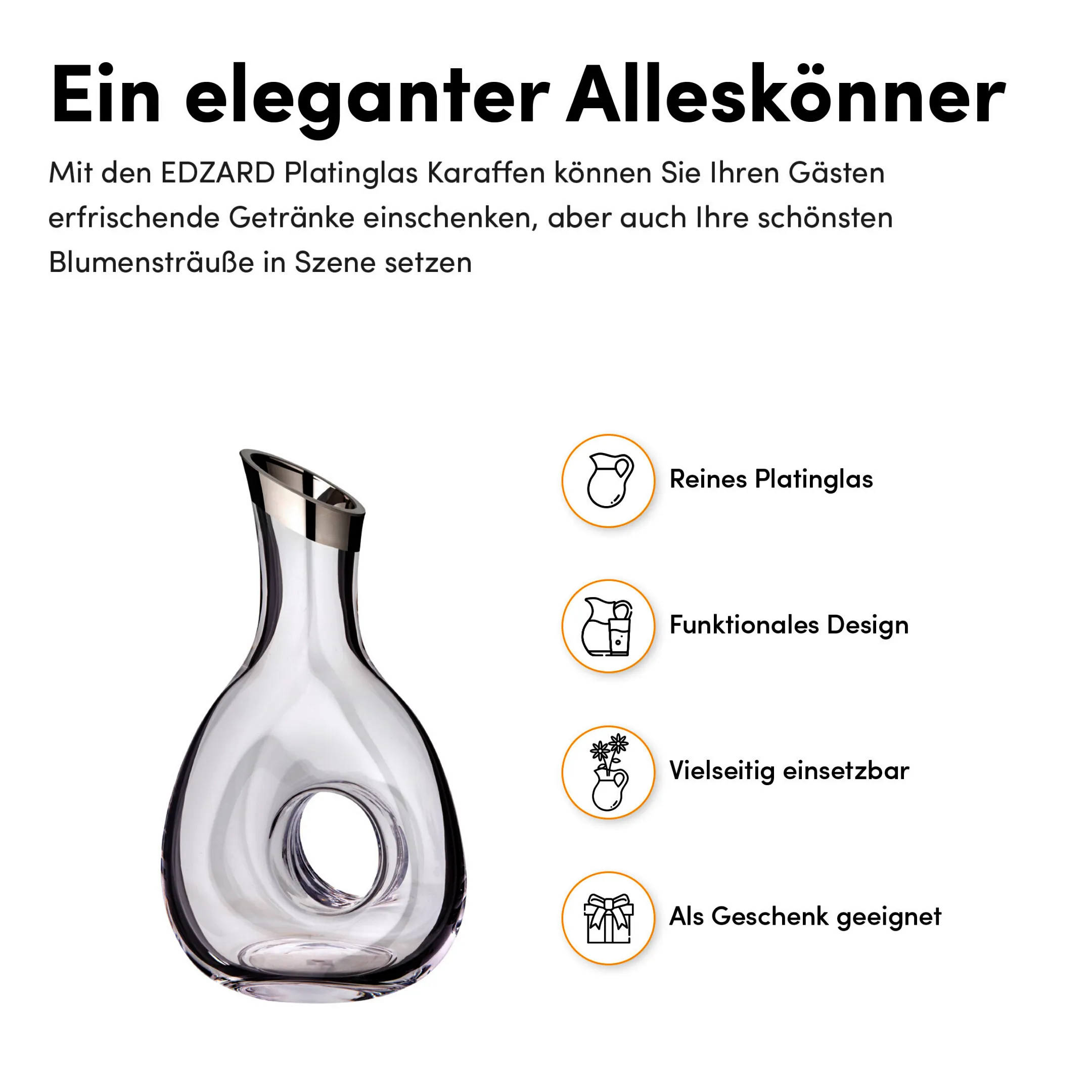 2. Wahl Dekanter Gordon, mundgeblasenes Kristallglas mit Platinrand, Höhe 30 cm