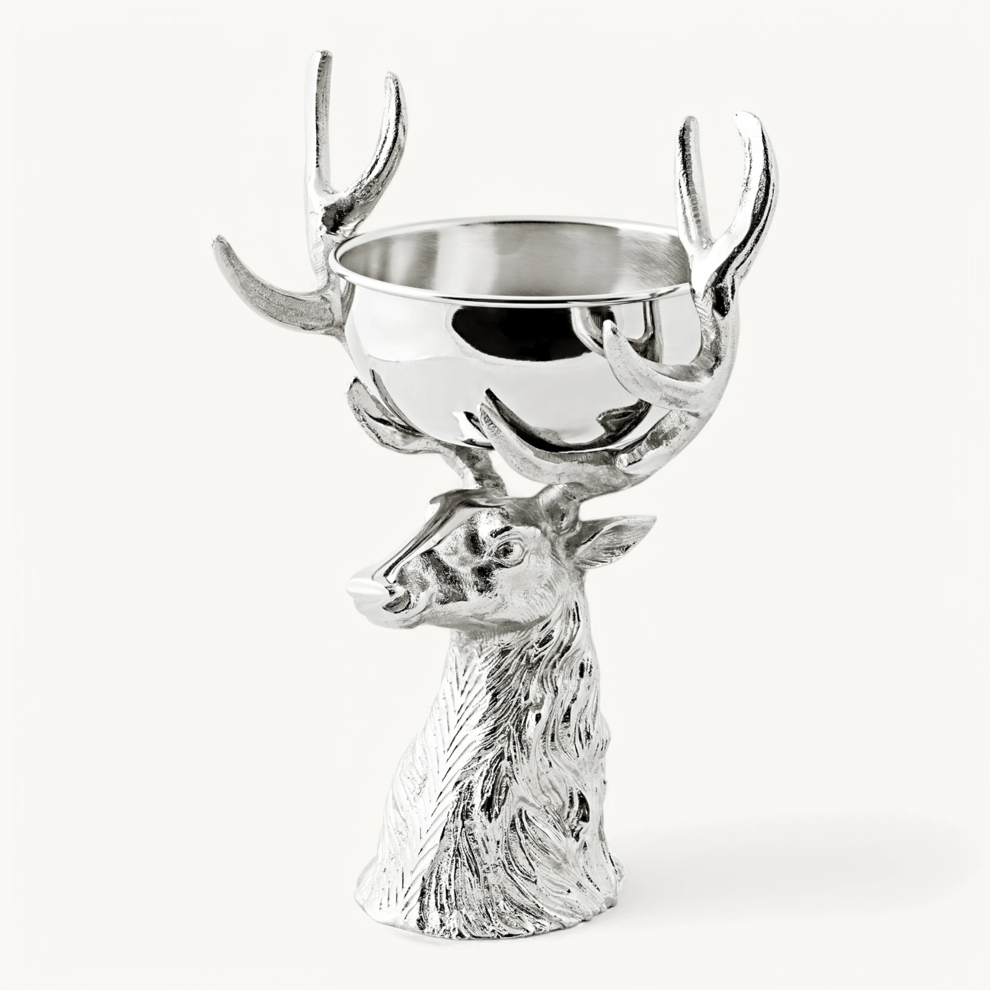 Hirschkopf mit Schale Richard (Höhe 33 cm, Ø 32 cm), silberfarben, Aluminium vernickelt
