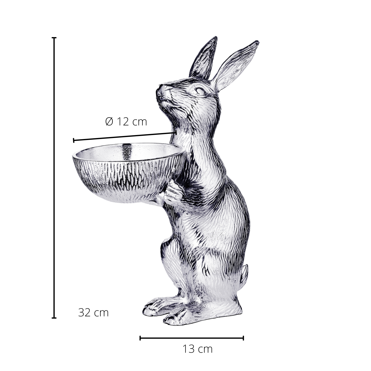 Hase mit Schale Bert (Höhe 32 cm, Ø 12 cm), silberfarben, Aluminium vernickelt