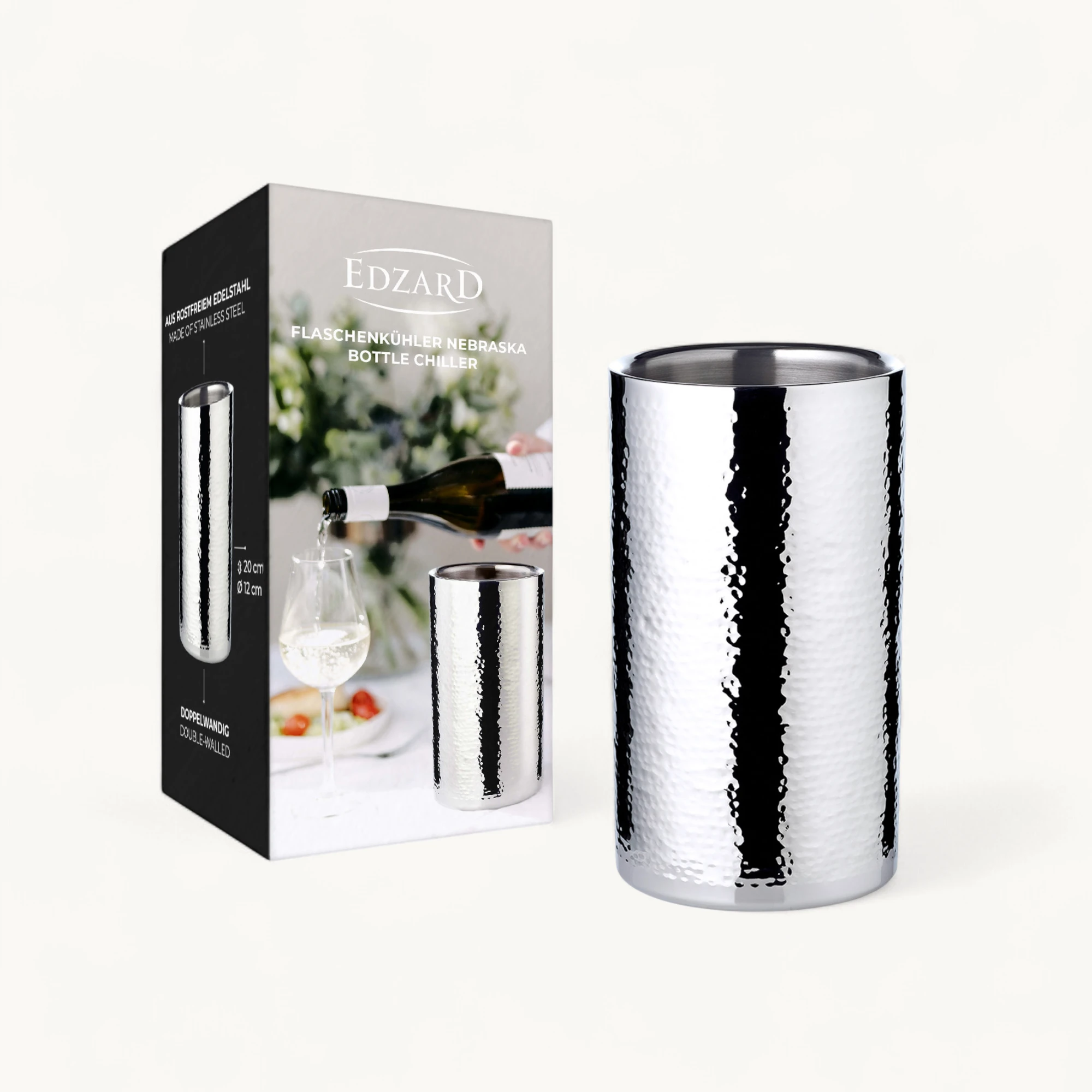 Flaschenkühler Nebraska (Höhe 20 cm, Ø 12 cm), fein gehämmert, Edelstahl hochglanzpoliert Flaschenkühler Nebraska (Höhe 20 cm, Ø 12 cm), fein gehämmert, Edelstahl hochglanzpoliert