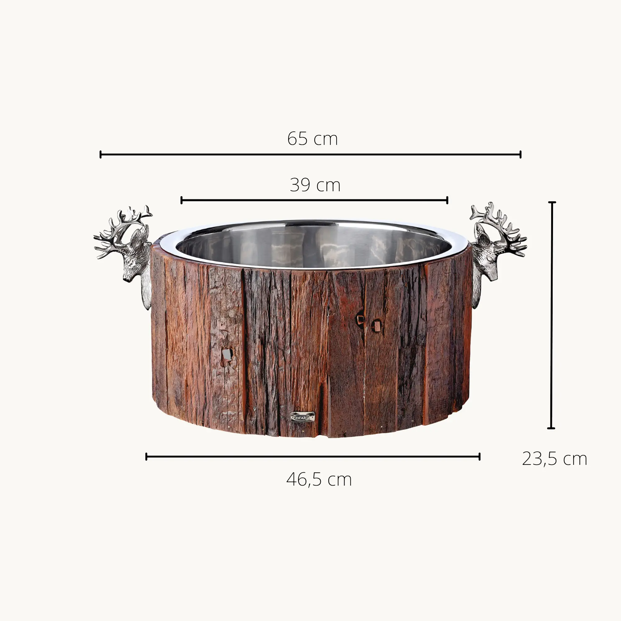 Flaschenkühler Kennington (H 23,5 cm, Ø 46,5 cm), Hirschkopf-Griffe, recyceltes Teakholz, Edelstahl