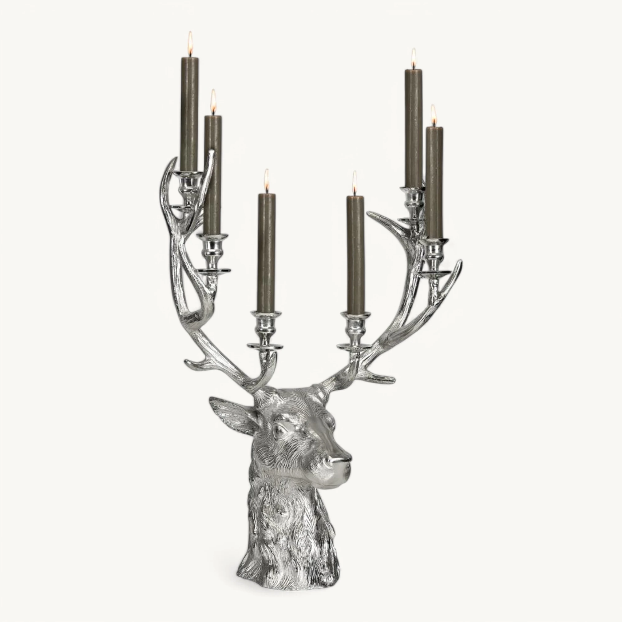 Kerzenleuchter Hirsch Richard (Höhe 65 cm), silberfarben, Aluminium vernickelt, für 6 Stabkerzen