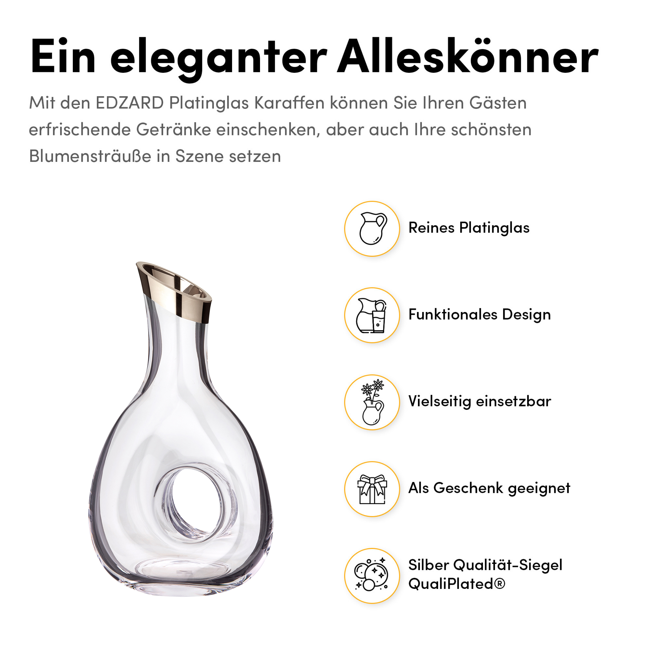 Dekanter Gordon (1,2 Liter), mundgeblasenes Kristallglas, Platinrand