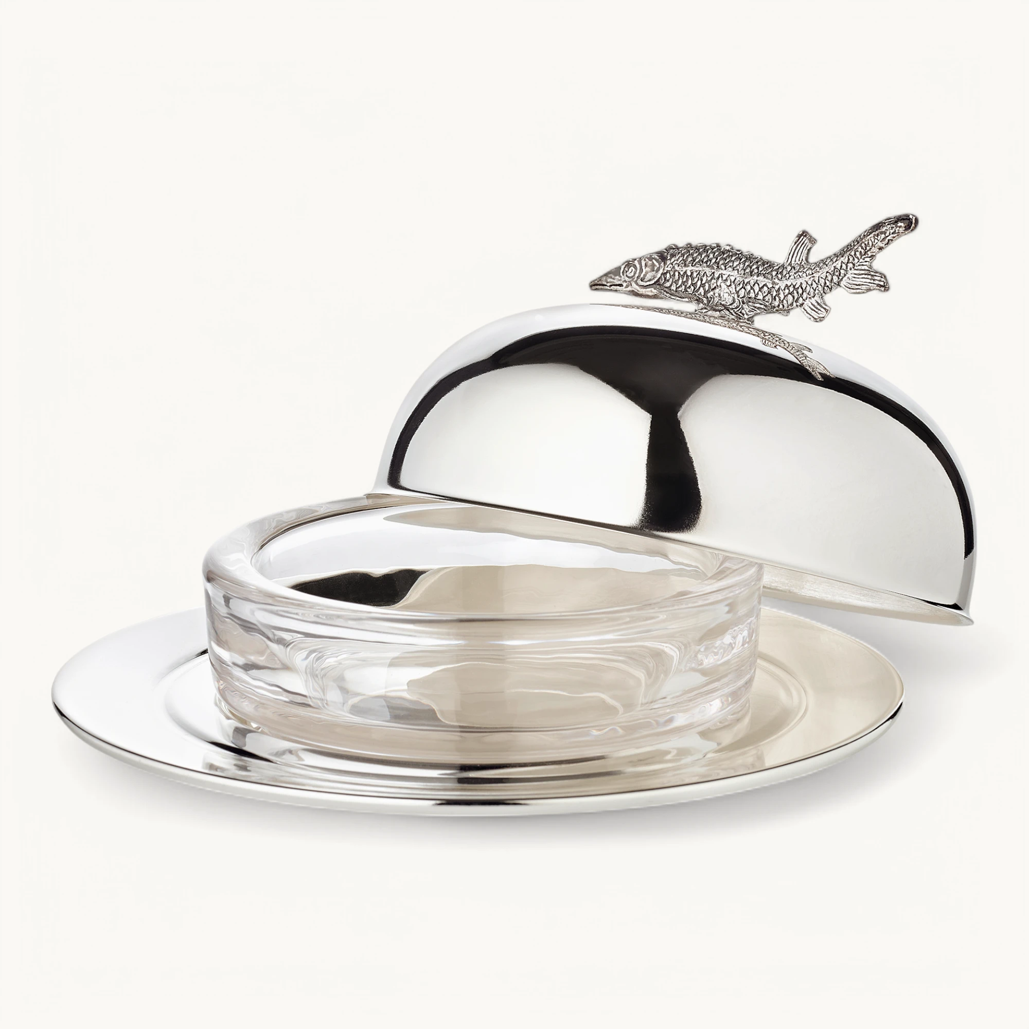 Kaviarschale Stör (Höhe 7 cm, Ø 14 cm), silberfarben, mit Fisch-Figur als Griff, edel versilbert