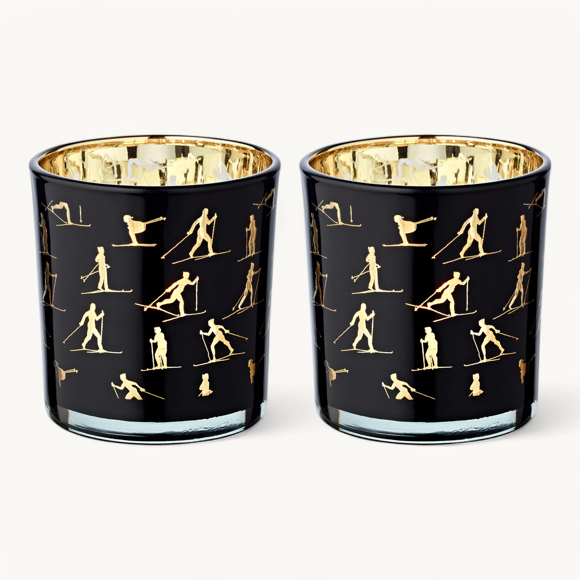 2er-Set Teelichtglas Monty (Höhe 8 cm), schwarz & goldfarben, Skisport-Motiv