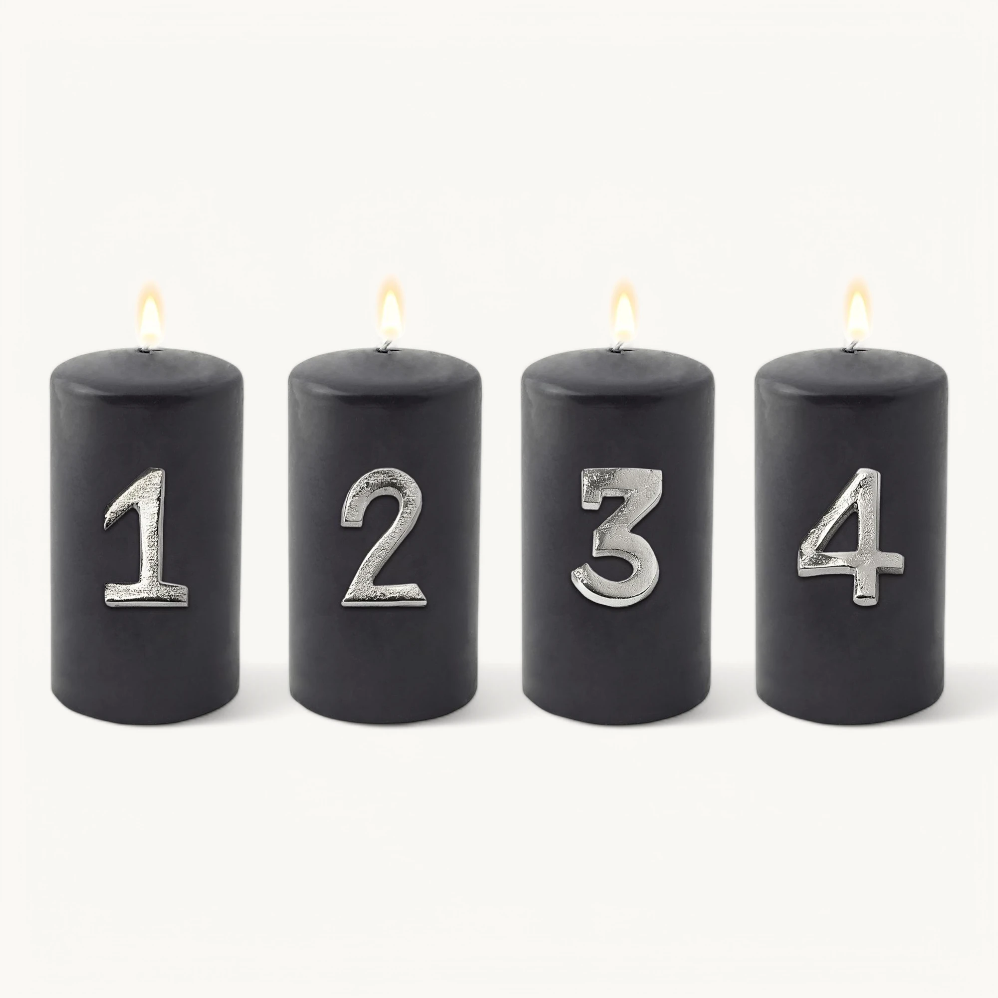 4er-Set Kerzenpin Advent (Höhe 4 cm), Zahlen 1 bis 4, silberfarben, Aluminium vernickelt