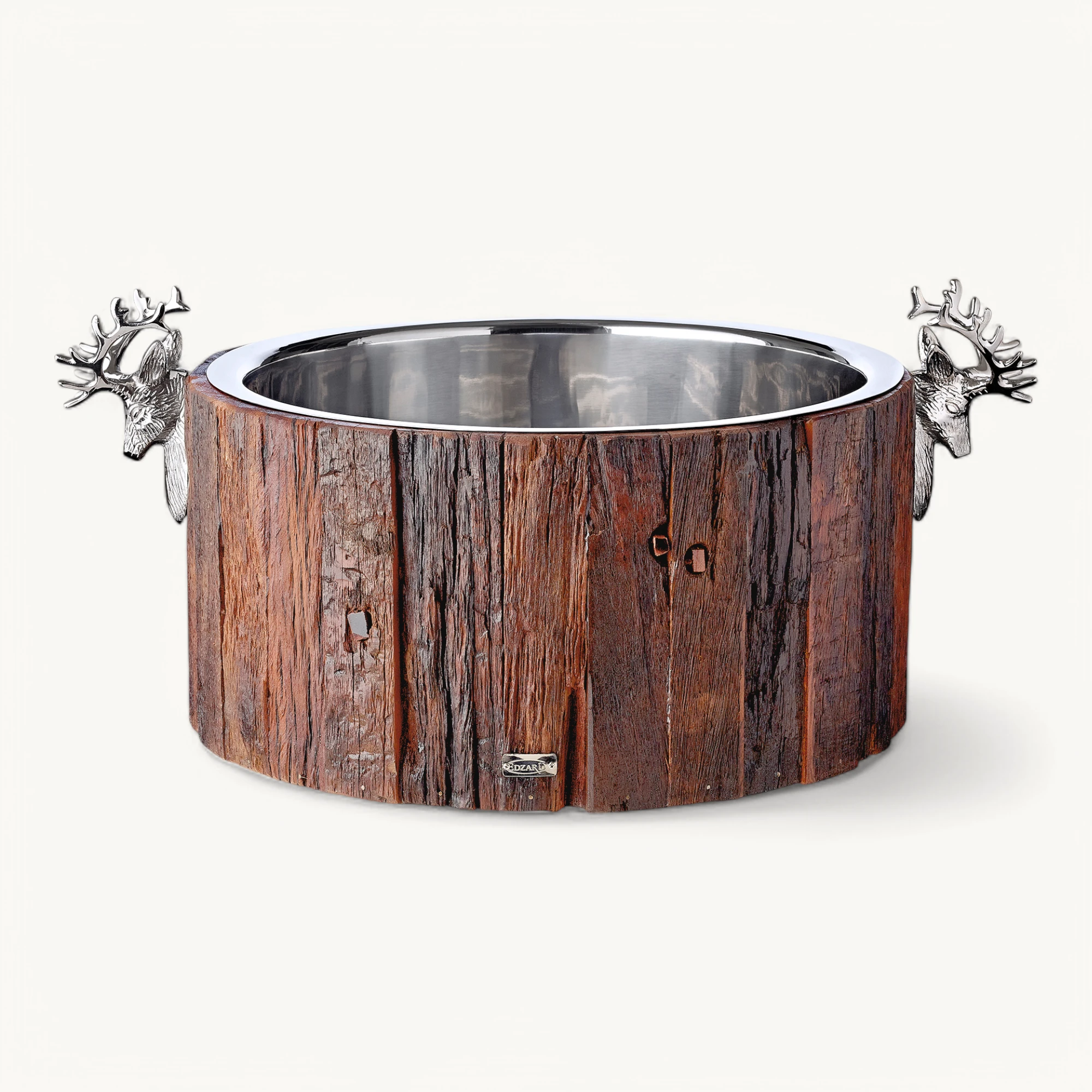 Flaschenkühler Kennington (H 23,5 cm, Ø 46,5 cm), Hirschkopf-Griffe, recyceltes Teakholz, Edelstahl