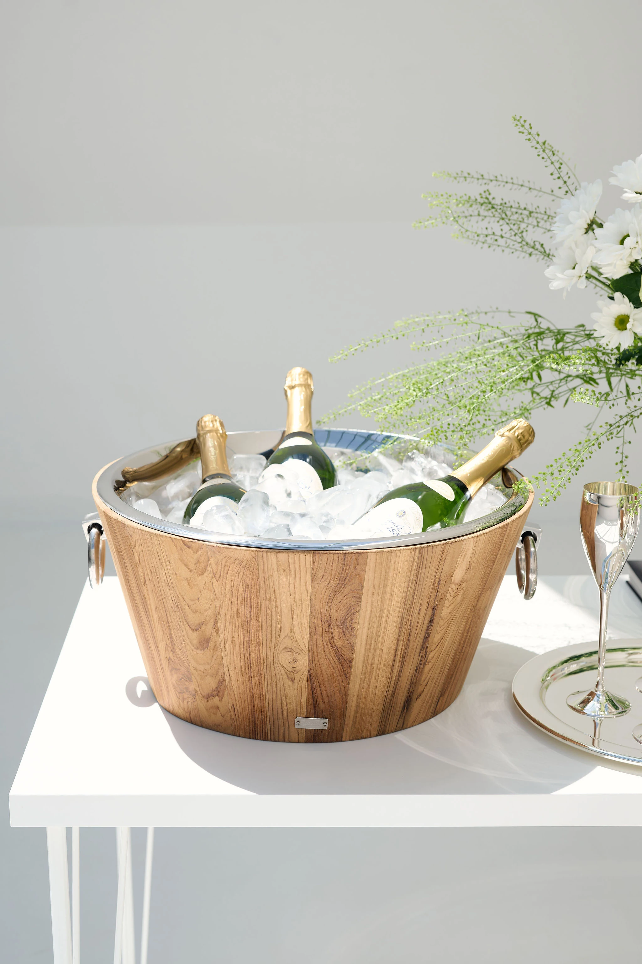 Champagnerkühler Santiago (Ø 46 cm, Höhe 23 cm) Teakholz, Edelstahl hochglanzpoliert, mit Griffen
