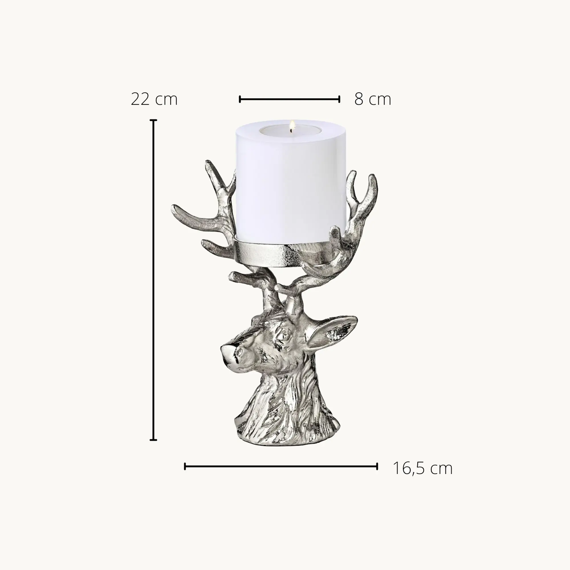 Kerzenleuchter Hirsch (Höhe 22 cm), silberfarben, Aluminium vernickelt, für Stumpenkerze ø 6 cm