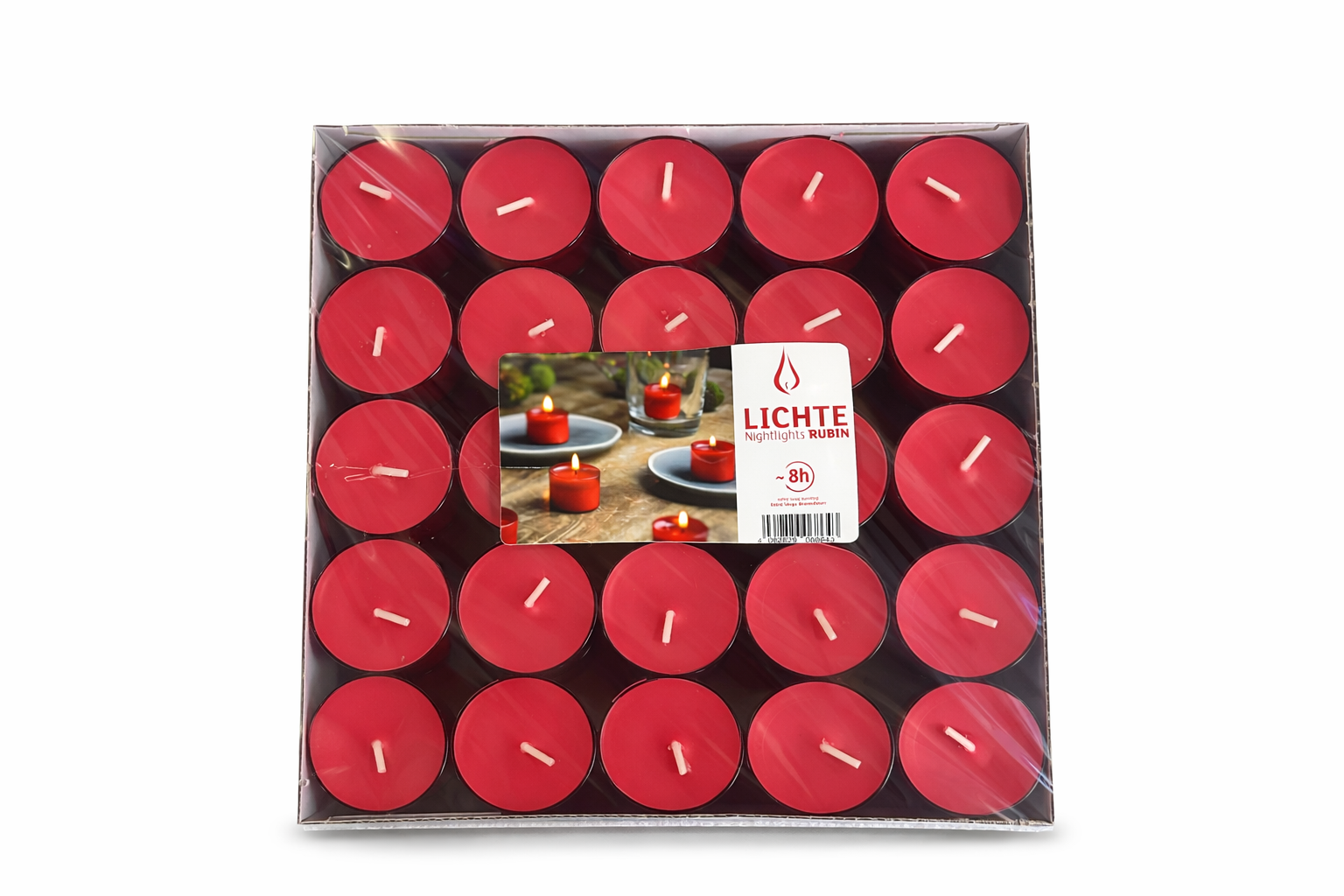 50 Stück Nightlights Teelichter, rot, ohne Duft, rote Kunststoffhülle, Brenndauer ca. 8 h