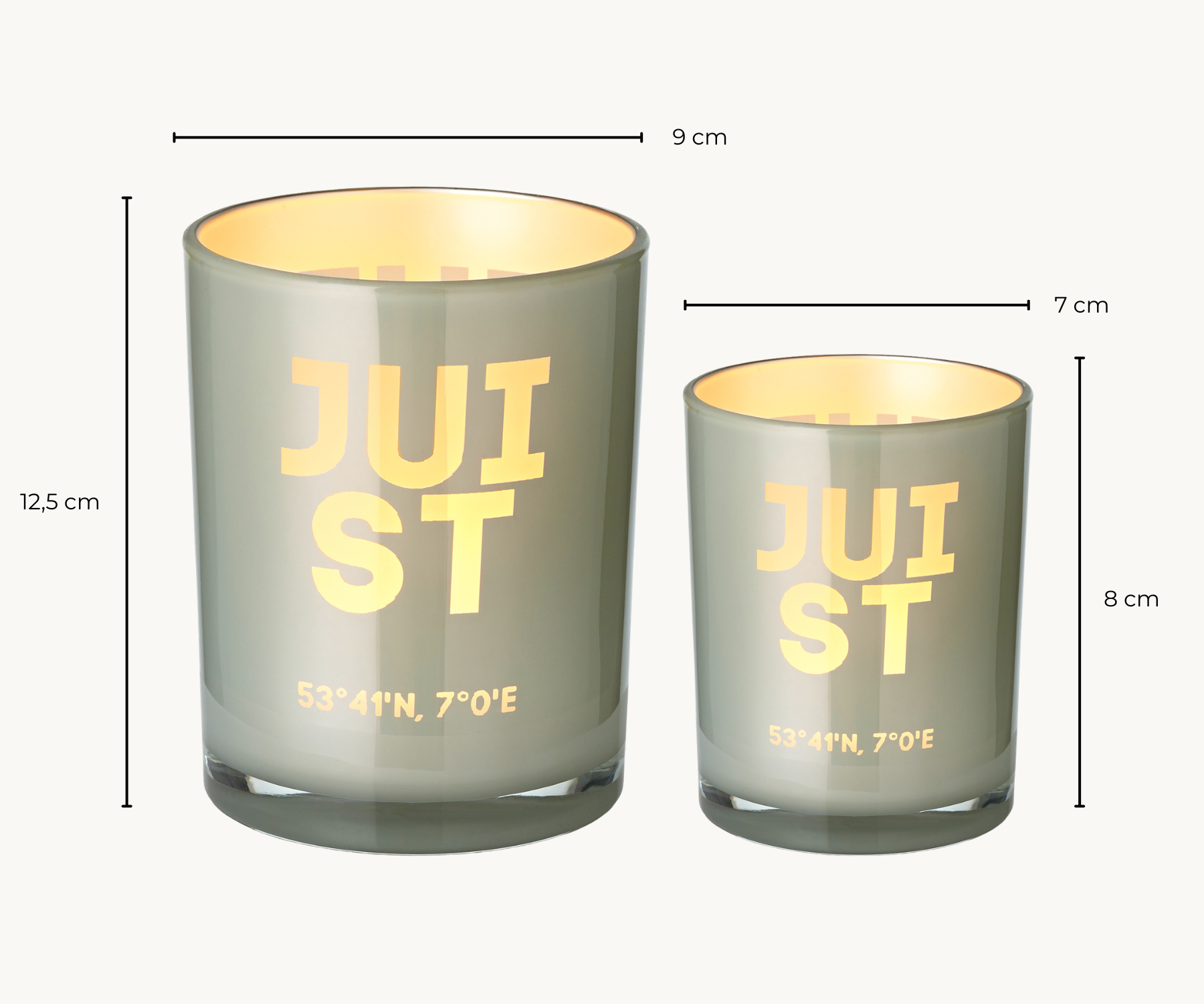 2er-Set Teelichtglas Juist (Höhe 8 & 12,5 cm), grau, Juist-Motiv