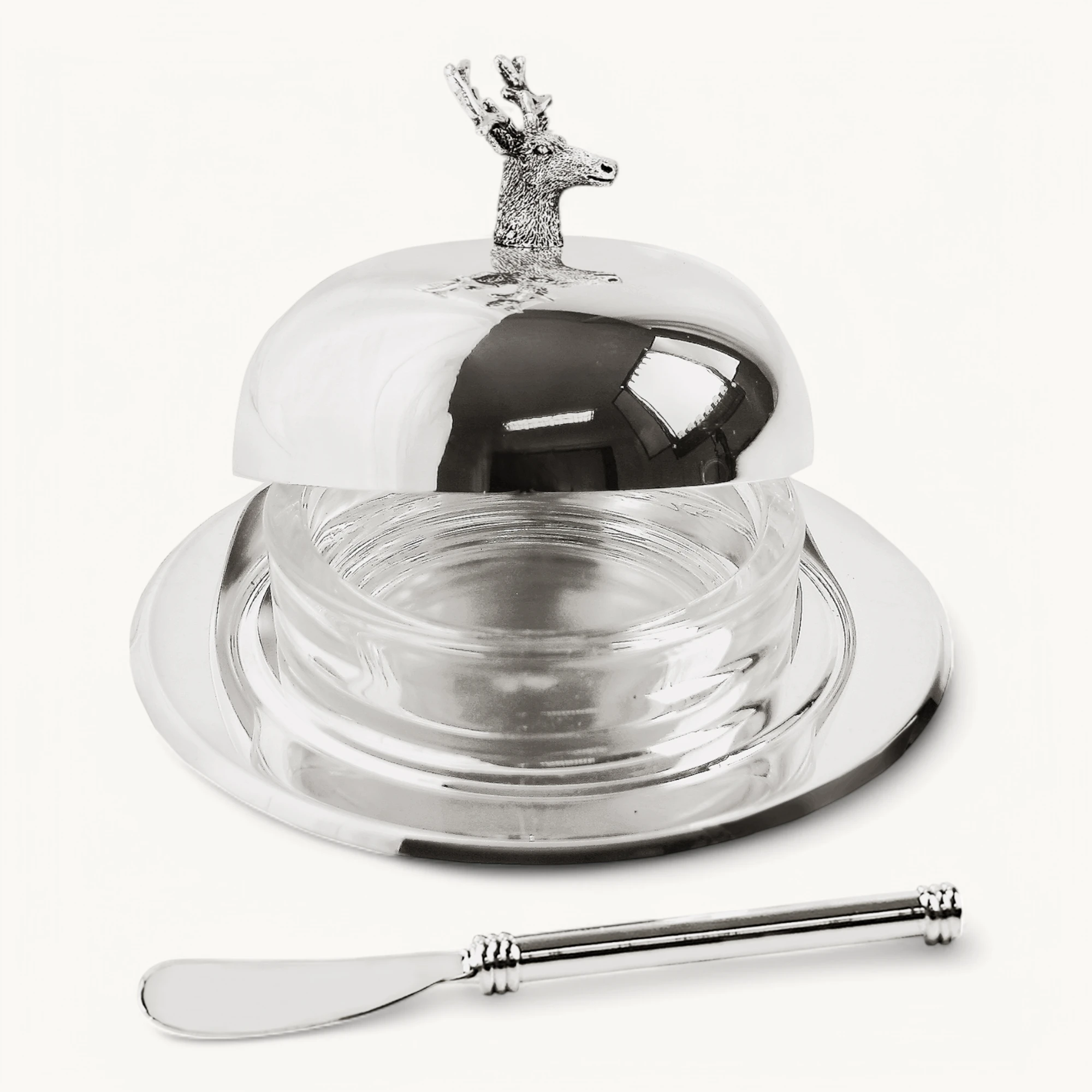 SALE Butterglocke Hirsch (130 g Butter), Hirsch-Figur, edel versilbert, mit Glasschale & Buttermesse