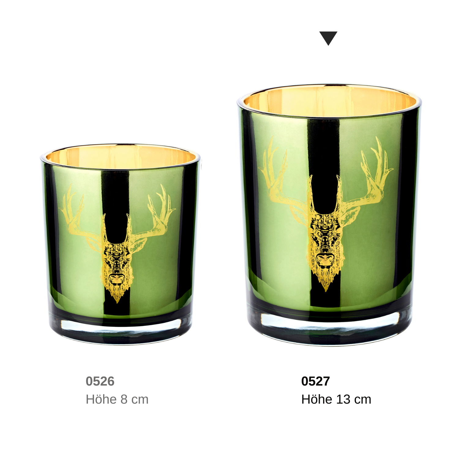 SALE Teelichtglas Ted (Höhe 13 cm) grün & goldfarben, Hirsch-Motiv