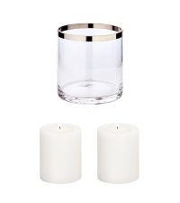 Windlicht Molly, Kerzenhalter aus mundgeblasenem Kristallglas mit Platinrand, Höhe 15 cm, Durchmesser 15 cm, Plus 2er-Set  Dauerkerze Cornelius, Höhe 9 cm, Durchmesser 8 cm