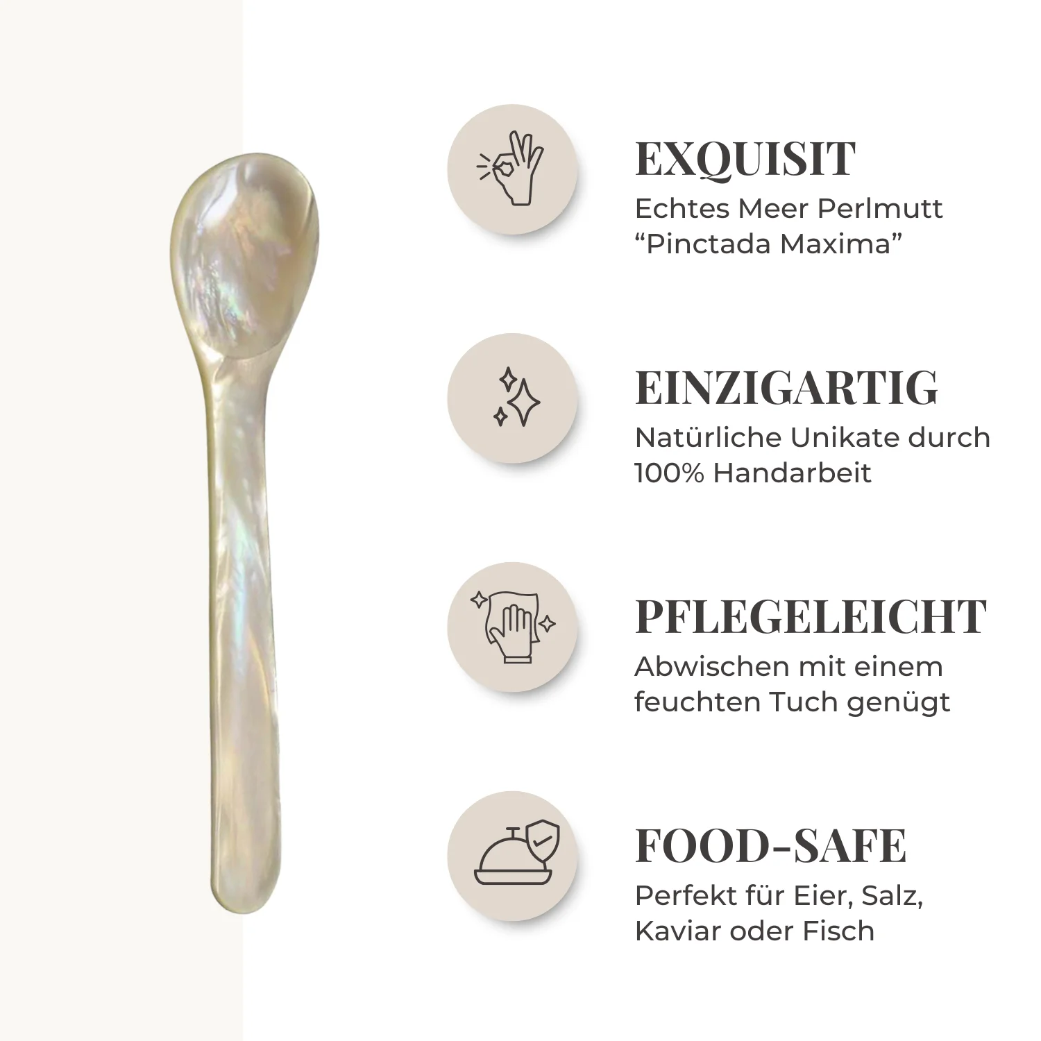EDZARD 4er Set Eierlöffel (Länge 11 cm) aus echtem Meer-Perlmutt (Pinctada maxima), Handarbeit, 100% Naturprodukt, Griff oben abgerundet, edle Geschenkverpackung, Perlmuttlöffel für Ei und Kaviar