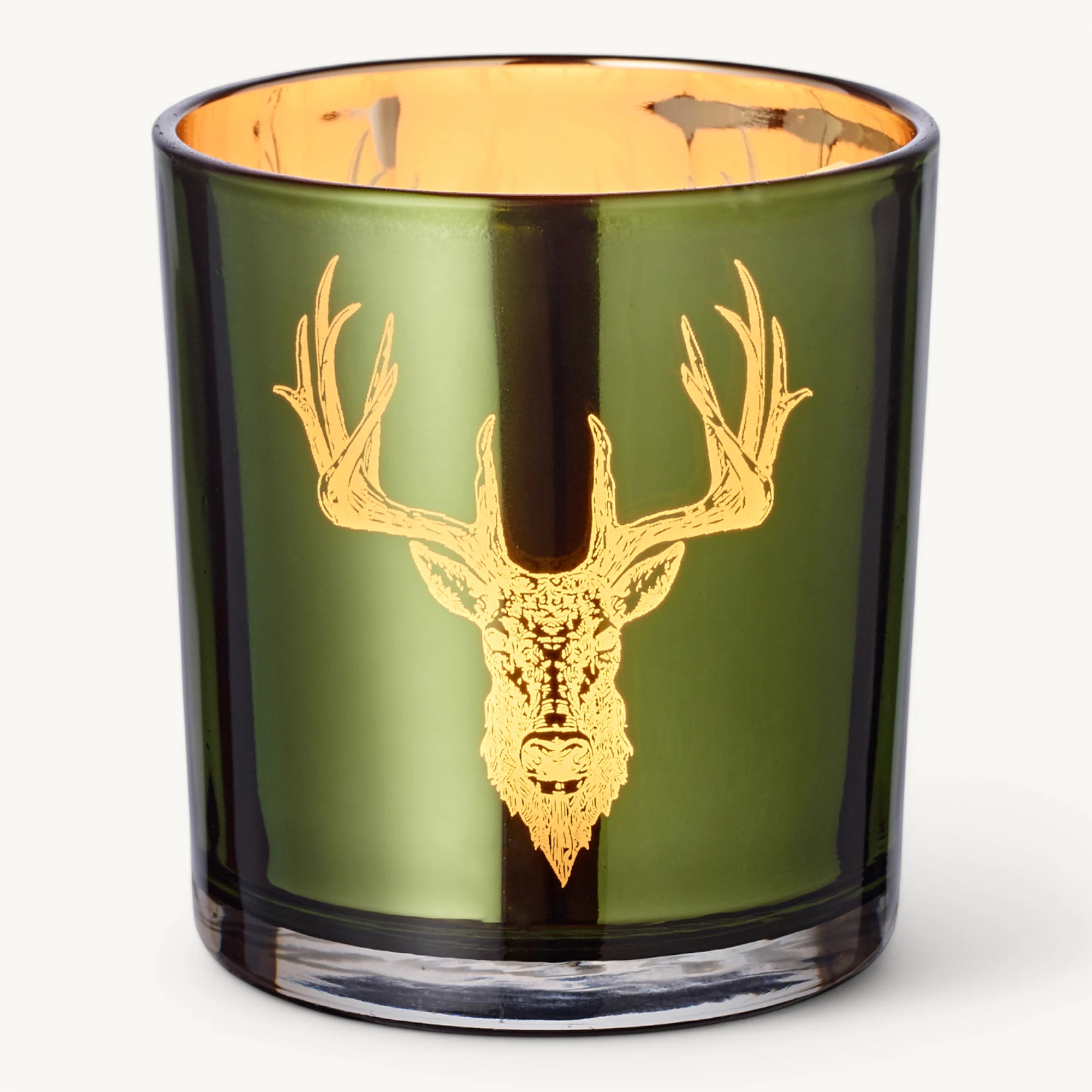 2er-Set Teelichtglas Ted (Höhe 8 cm), grün & goldfarben, Hirsch-Motiv