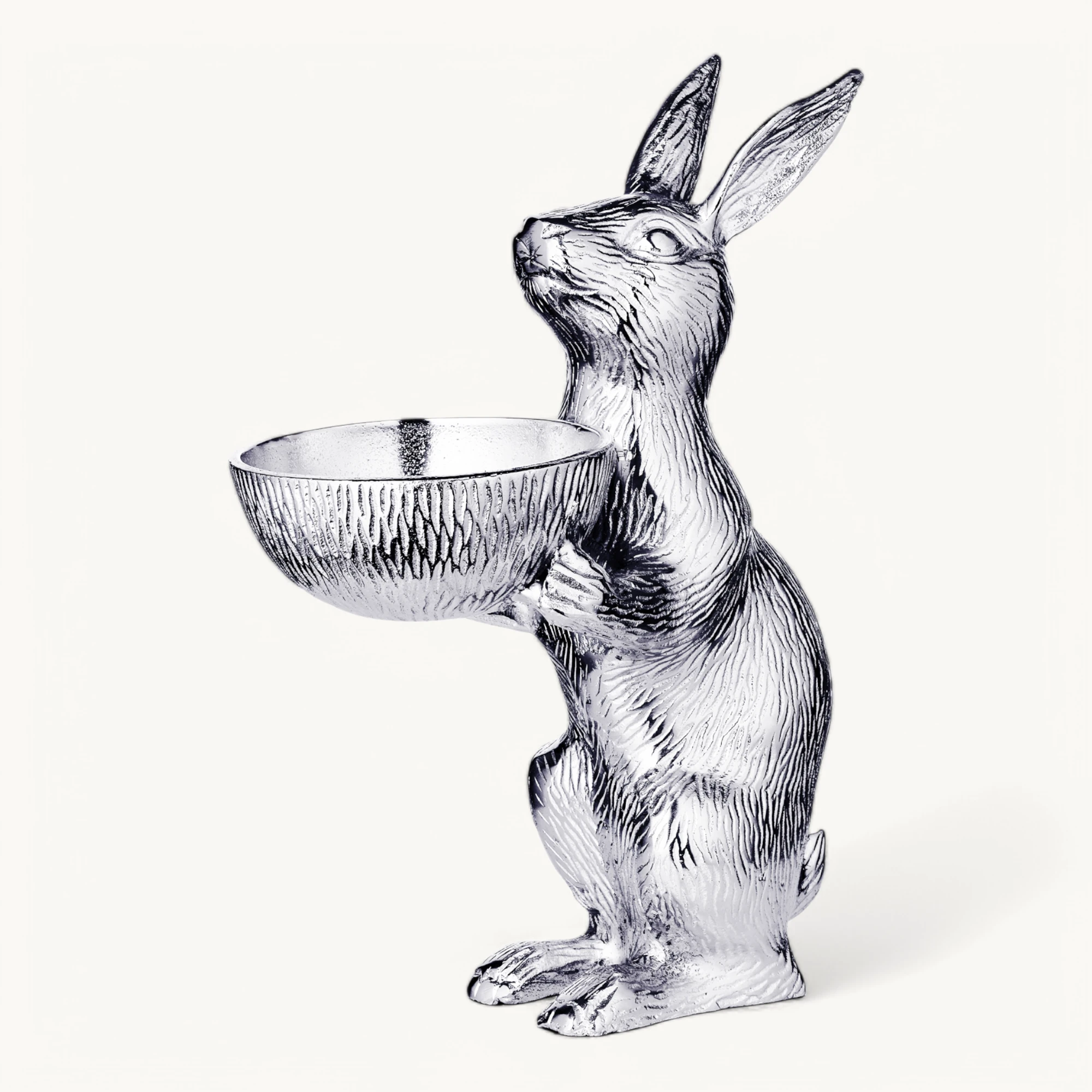 Hase mit Schale Bert (Höhe 32 cm, Ø 12 cm), silberfarben, Aluminium vernickelt