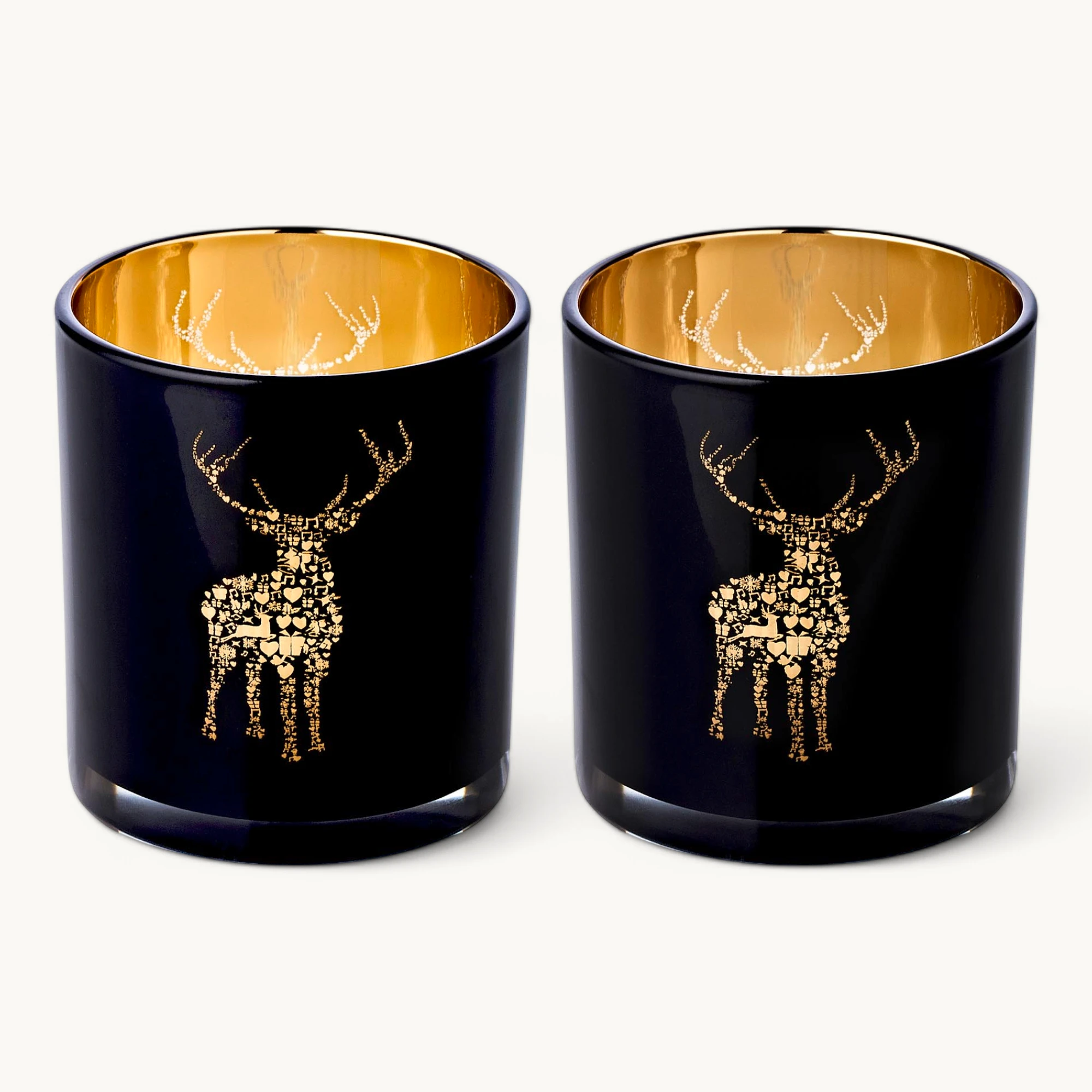 2er-Set Teelichtglas Fancy (Höhe 8 cm), schwarz & goldfarben, Hirsch-Motiv