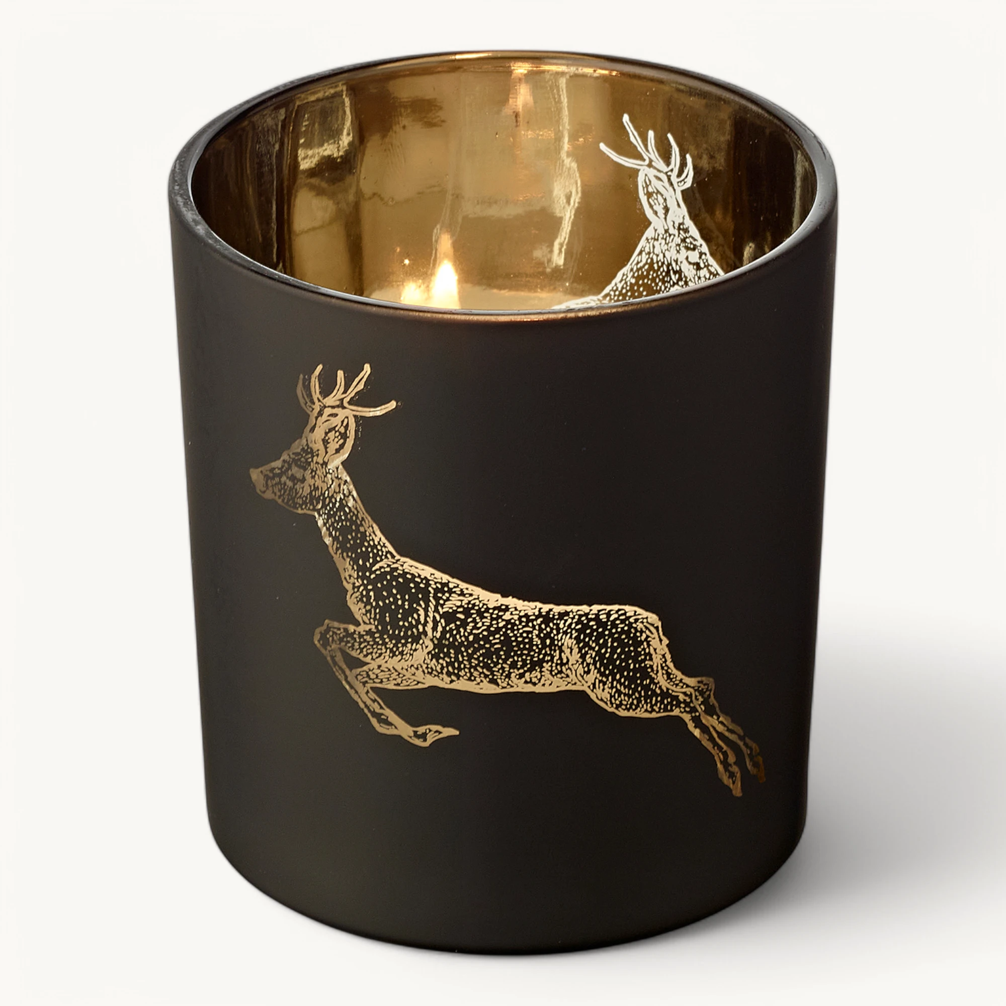 2er-Set Teelichtglas Sammy (Höhe 8 cm), schwarz & goldfarben, Hirsch-Motiv