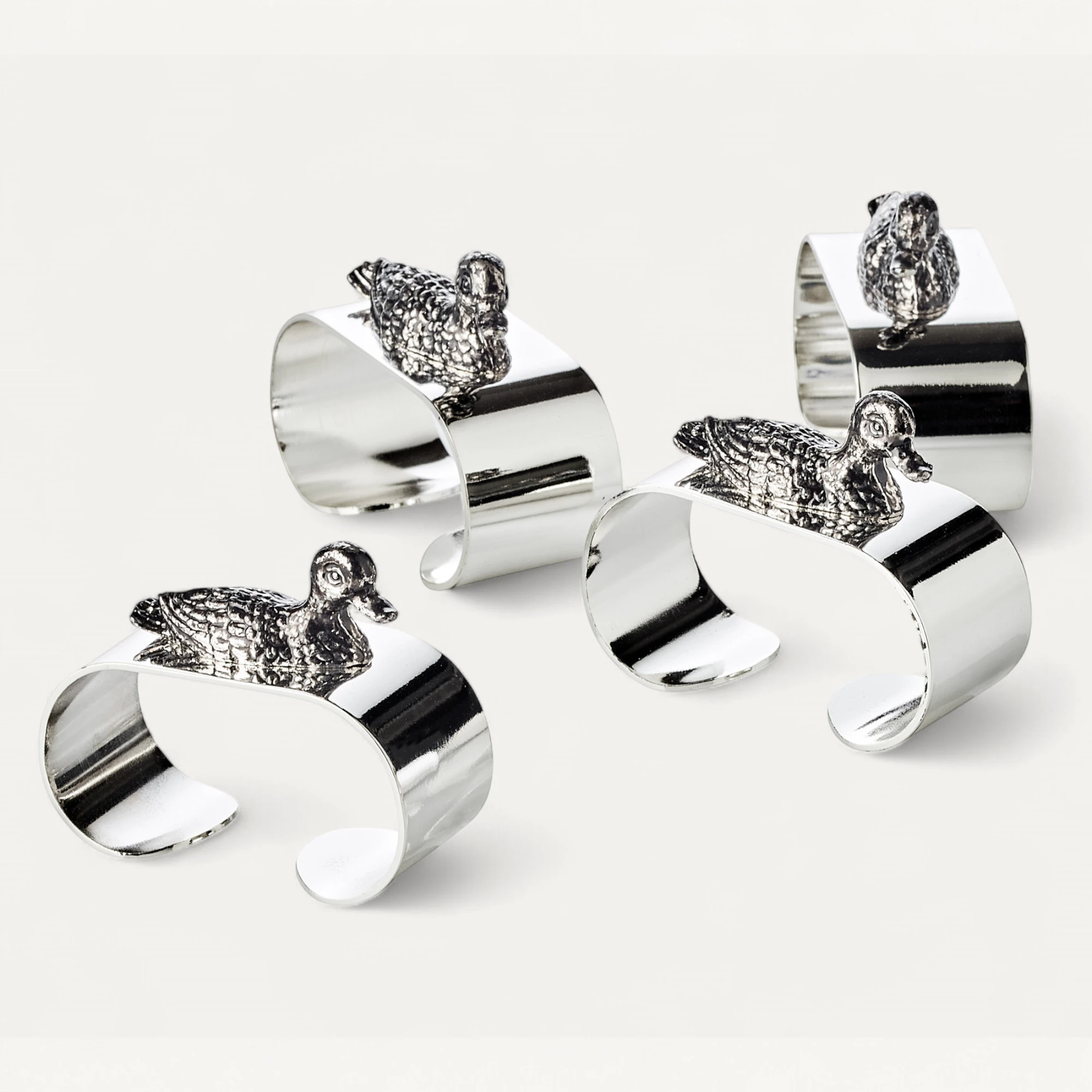 4er-Set Serviettenringe Ente (Länge 5 cm), edel versilbert