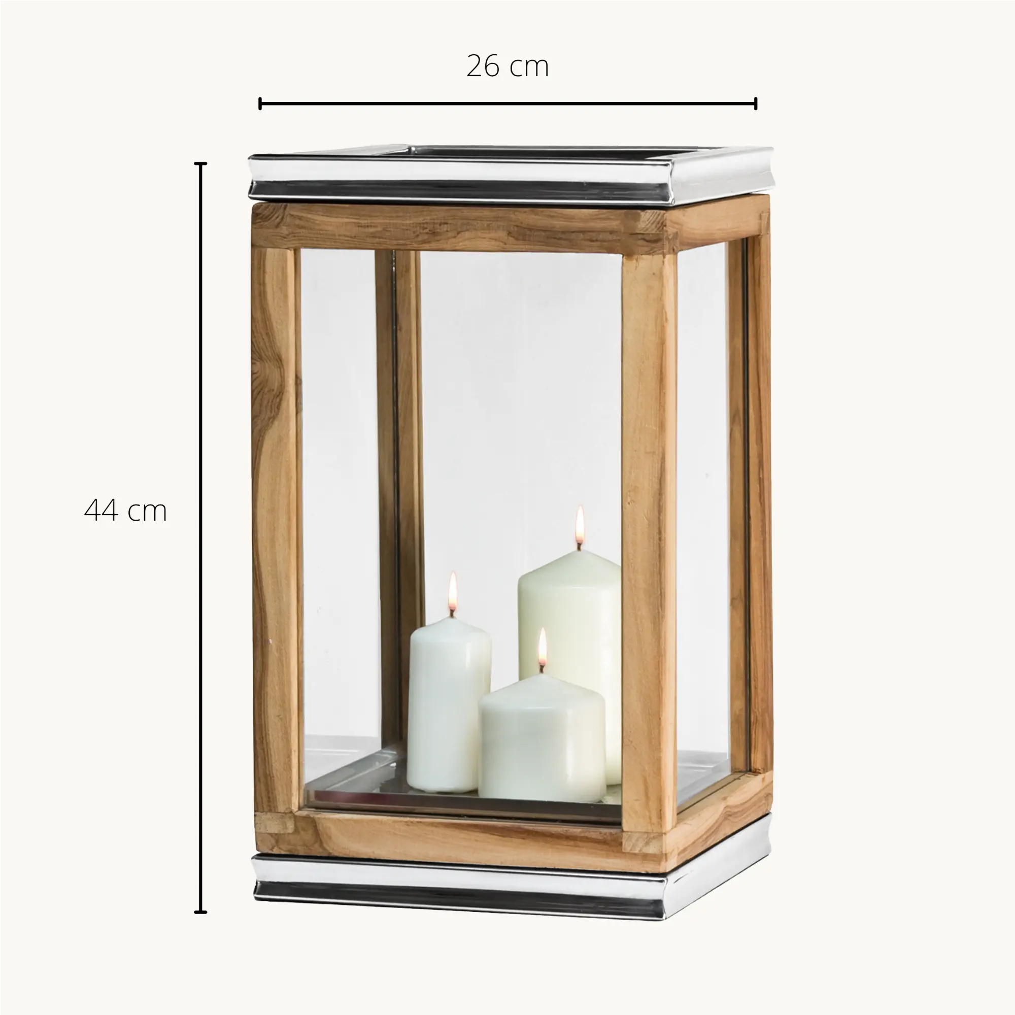 Laterne Dubai (Höhe 44 cm), edles Teakholz, Edelstahl, glänzend vernickelt