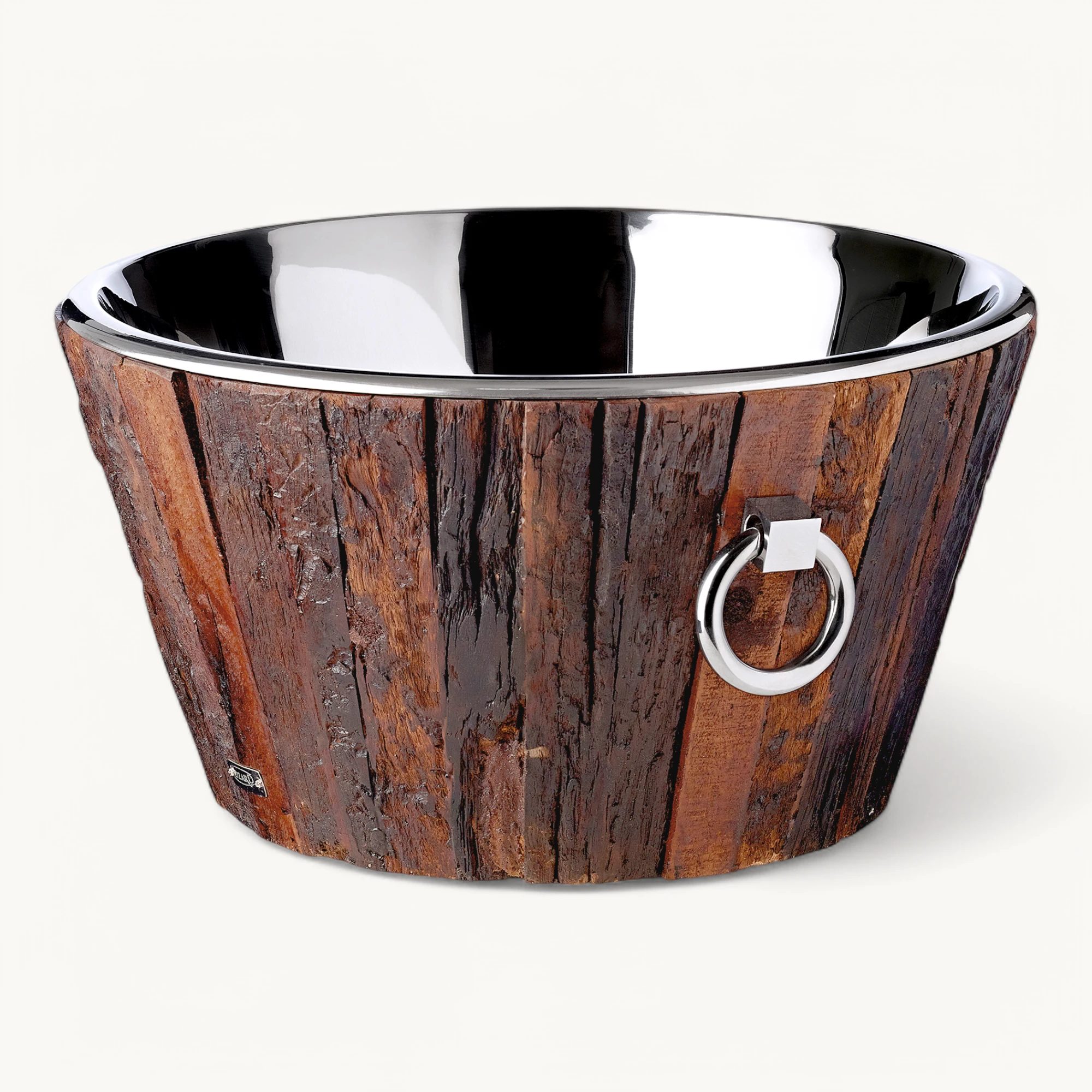 Flaschenkühler Montgomery (Höhe 25 cm, Ø 47 cm), recyceltes Teakholz, Edelstahl, glänzend vernickelt