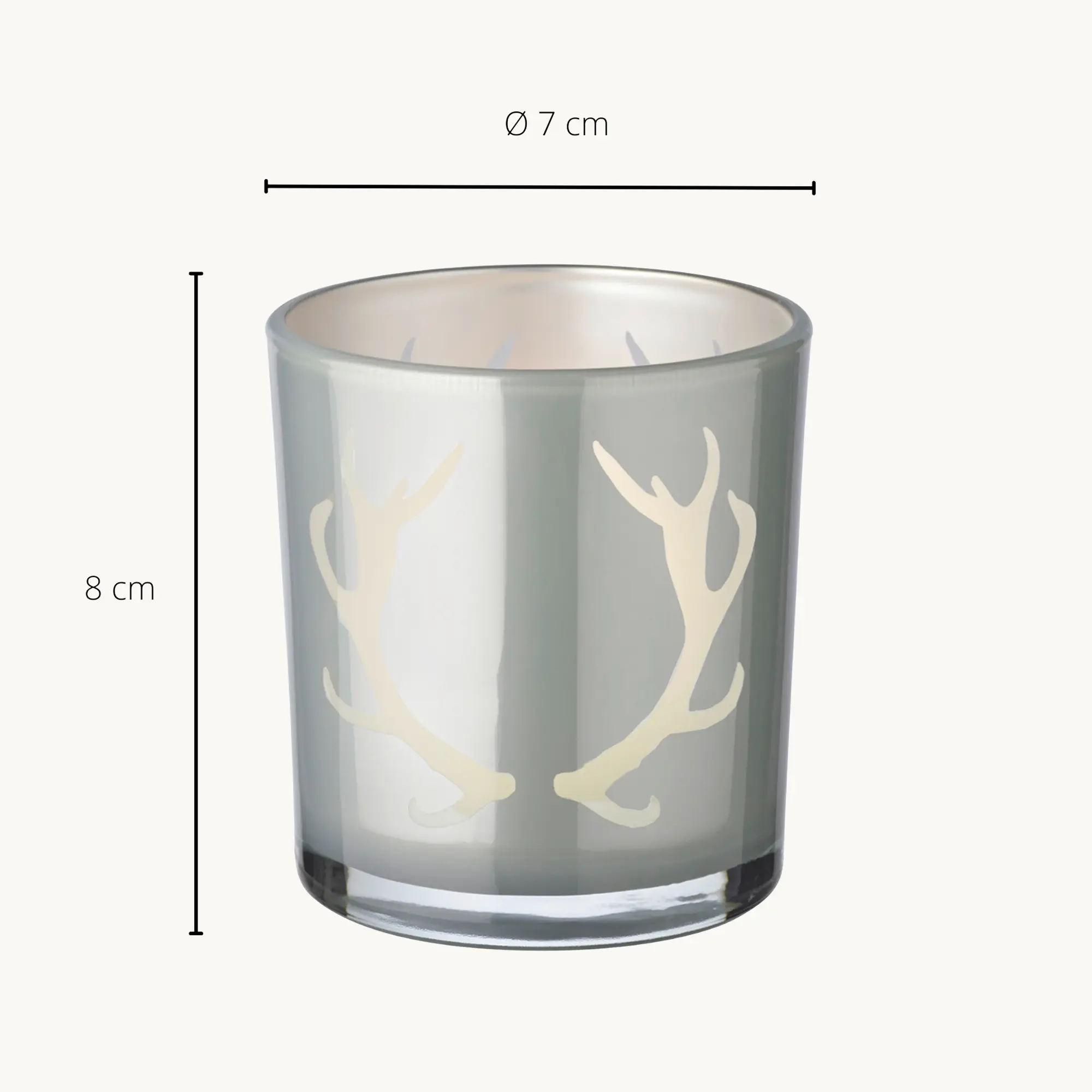 2er-Set Teelichtglas Ati (Höhe 8 cm), grau, Geweih-Motiv