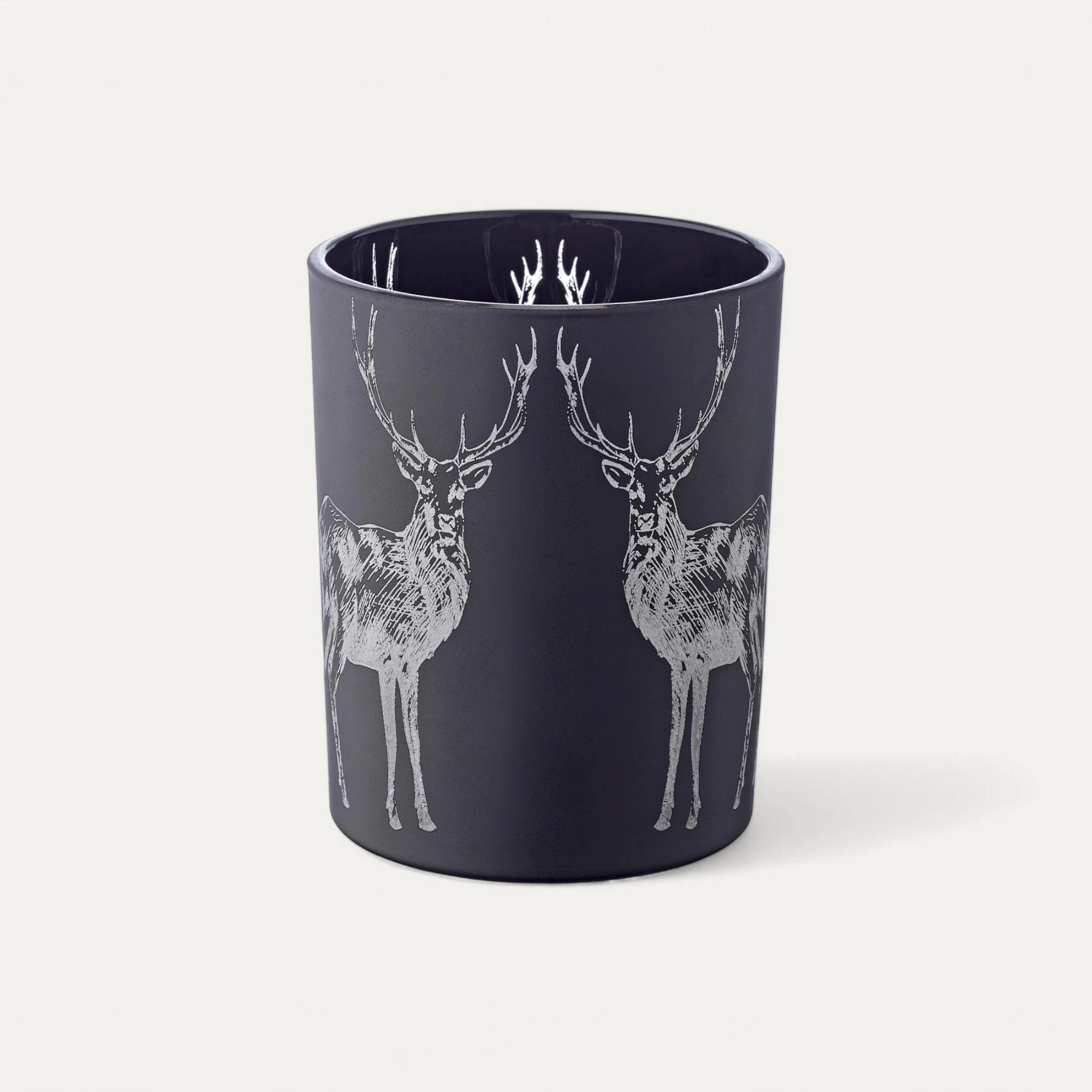 Teelichtglas Tiu (Höhe 13 cm), schwarz, Hirsch-Motiv