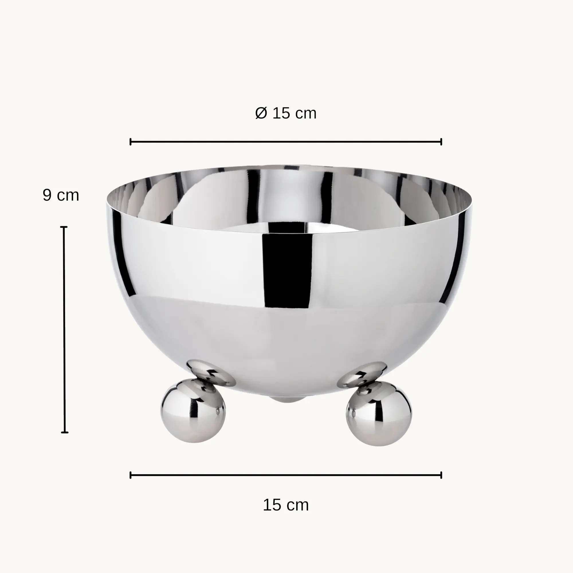Schale Chicago (Durchmesser 15 cm, Höhe 9 cm) auf 3 Kugelfüßen, Edelstahl hochglanzpoliert