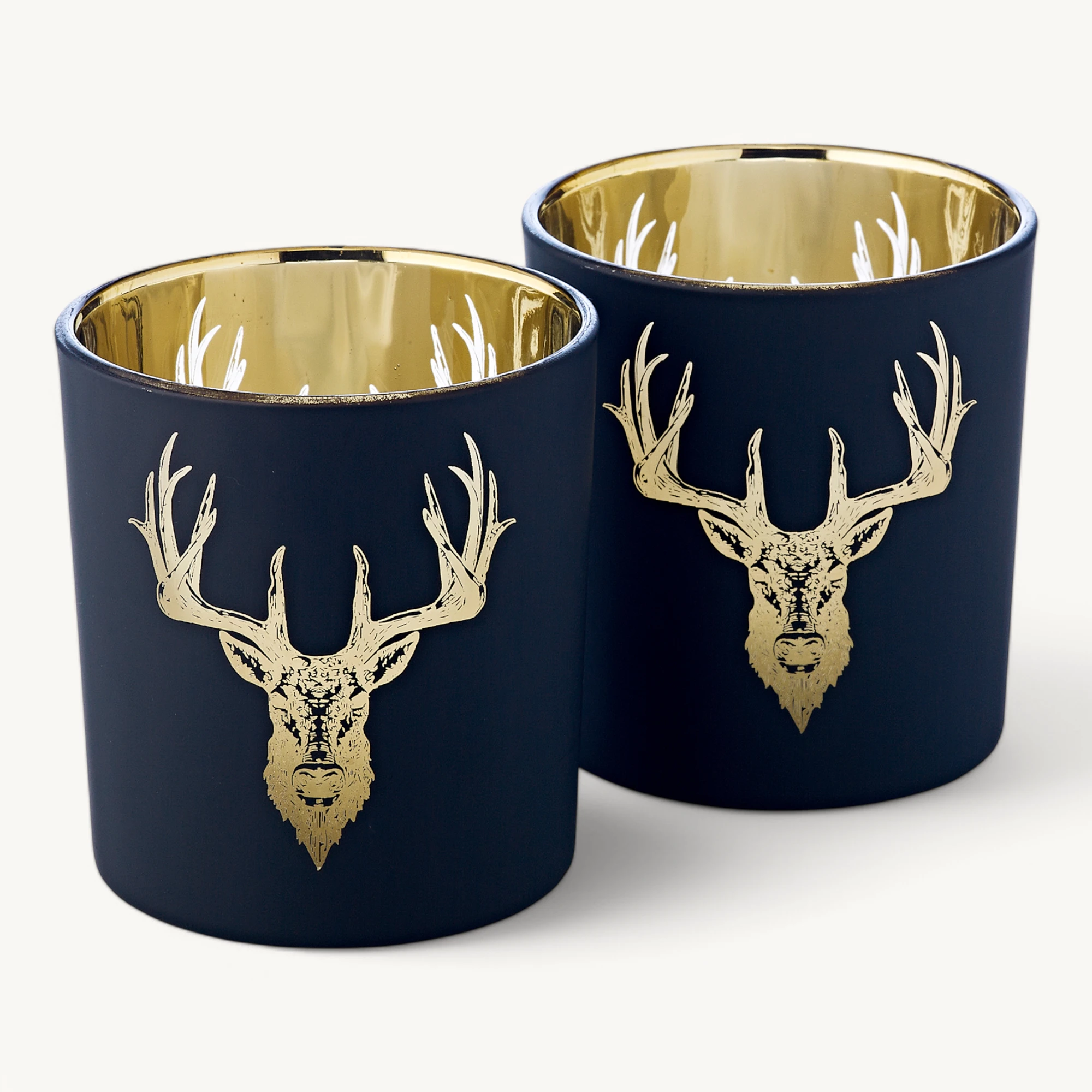 2er-Set Teelichtglas Lio (Höhe 8 cm), schwarz & goldfarben, Hirsch-Motiv