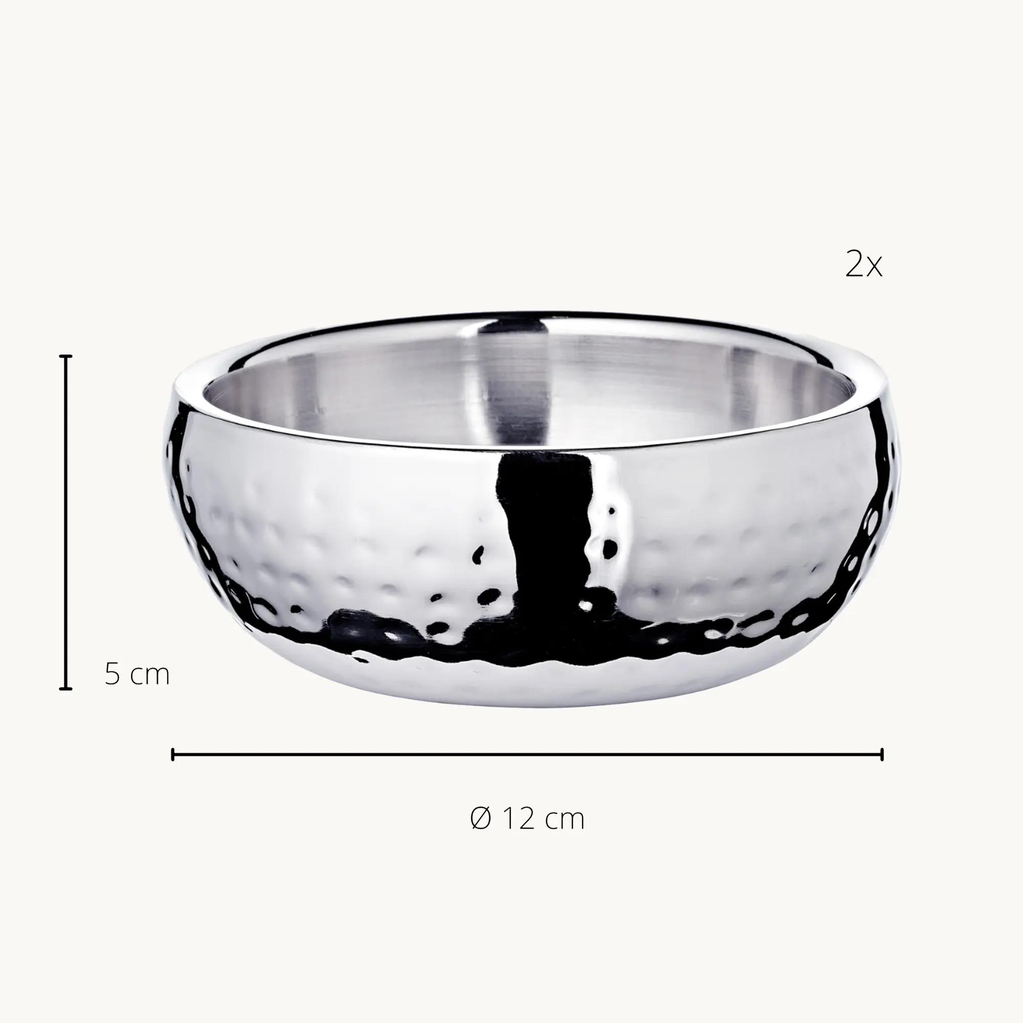 2er-Set Schale Pluto (Ø 12 cm, H 5 cm) Edelstahl gehämmert hochglanzpoliert