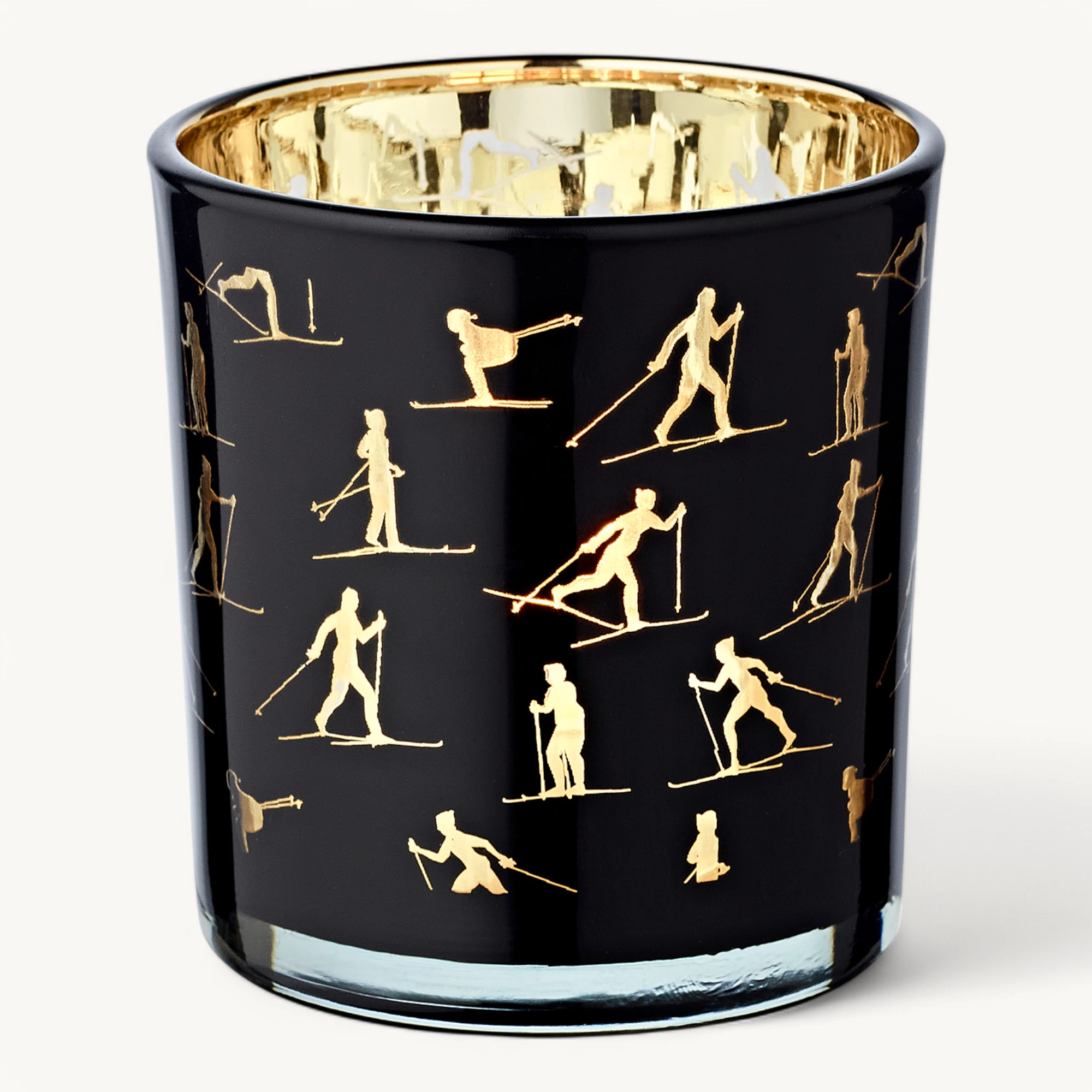 2er-Set Teelichtglas Monty (Höhe 8 cm), schwarz & goldfarben, Skisport-Motiv