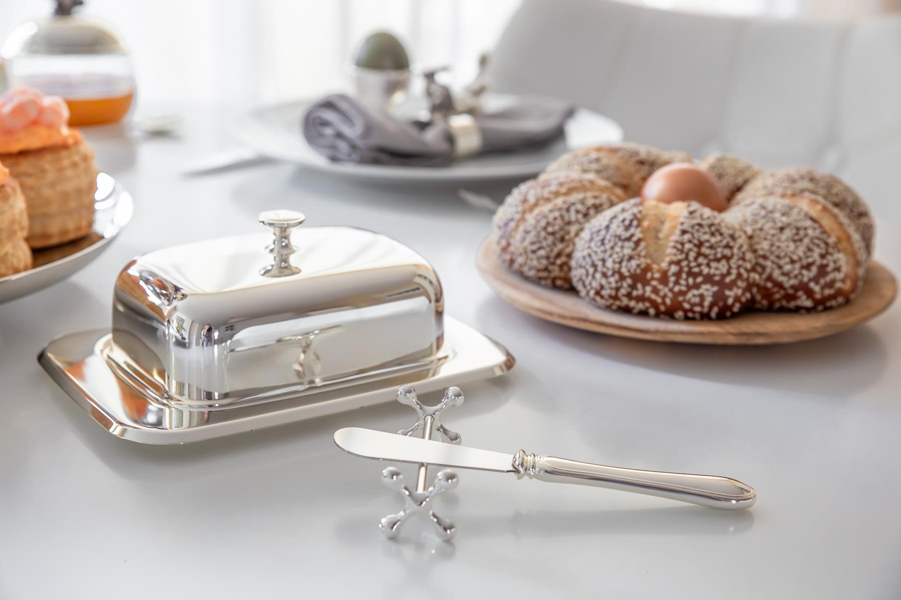2. Wahl Butterdose Mista, 13 x 18 cm, versilbert, mit Glasschale und Buttermesser, für 250 g