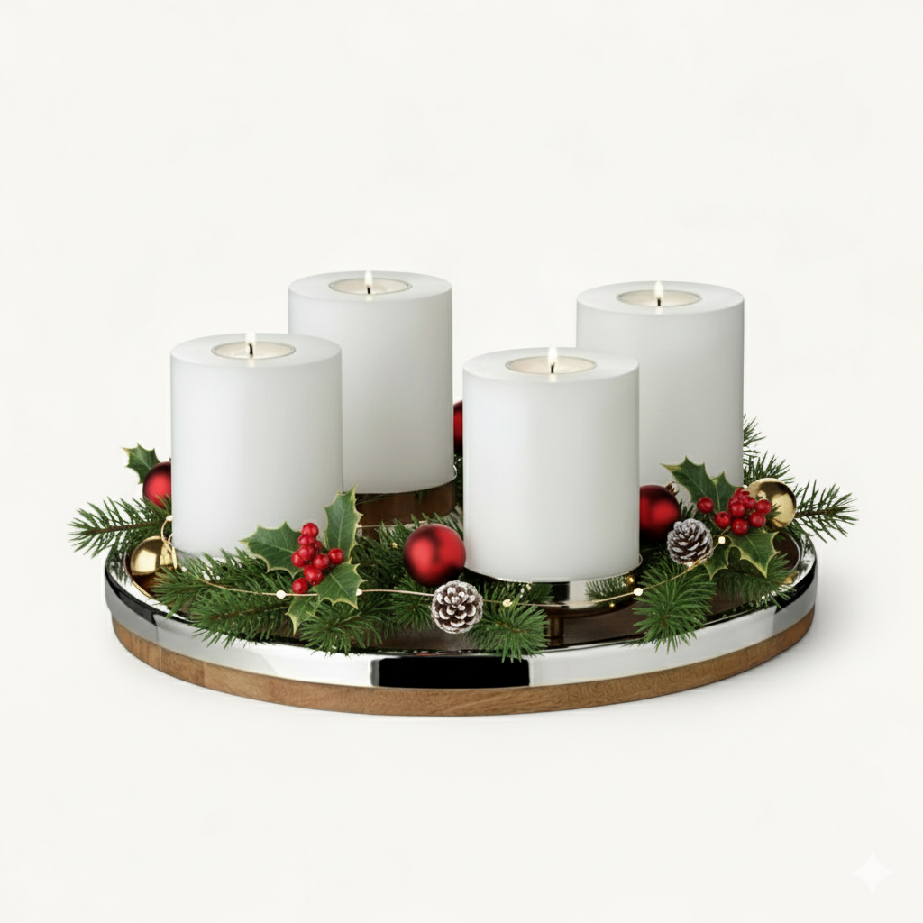 Adventskranz Lani (Ø 34 cm), Edelstahl und Mangoholz, für 4 Kerzen ø 8 cm Adventskranz Lani (Ø 34 cm), Edelstahl und Mangoholz, für 4 Kerzen ø 8 cm