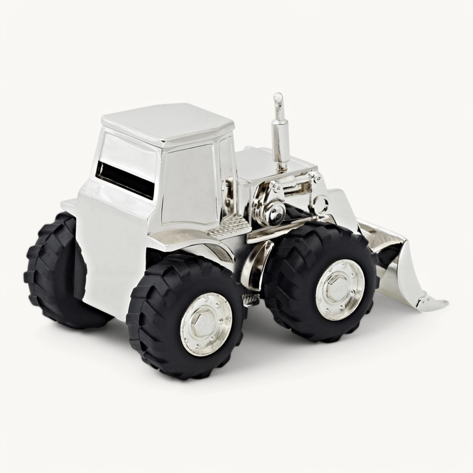 Spardose Sparbüchse Traktor Trecker, edel versilbert, anlaufgeschützt, Höhe 9 cm