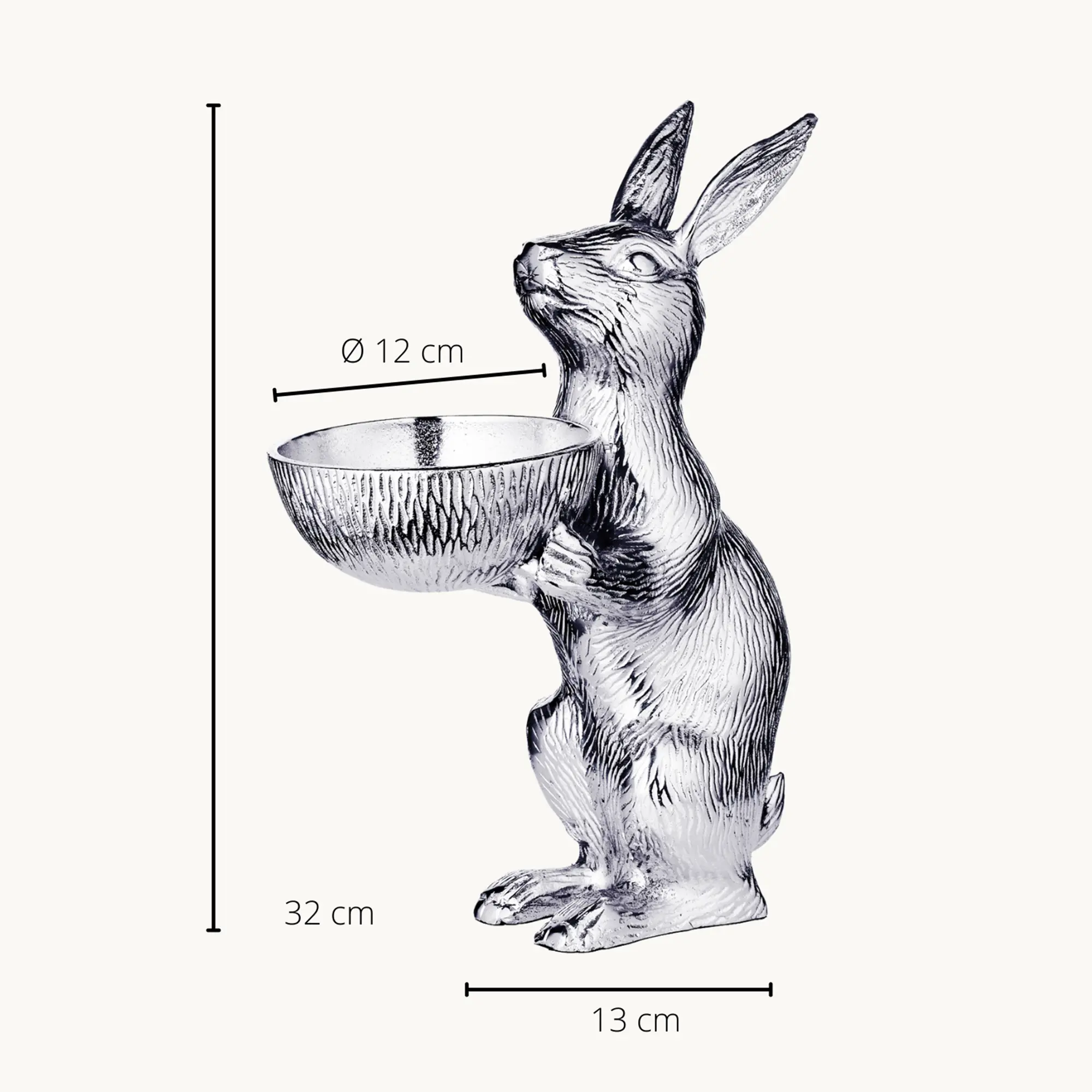 Hase mit Schale Bert (Höhe 32 cm, Ø 12 cm), silberfarben, Aluminium vernickelt Hase mit Schale Bert (Höhe 32 cm, Ø 12 cm), silberfarben, Aluminium vernickelt