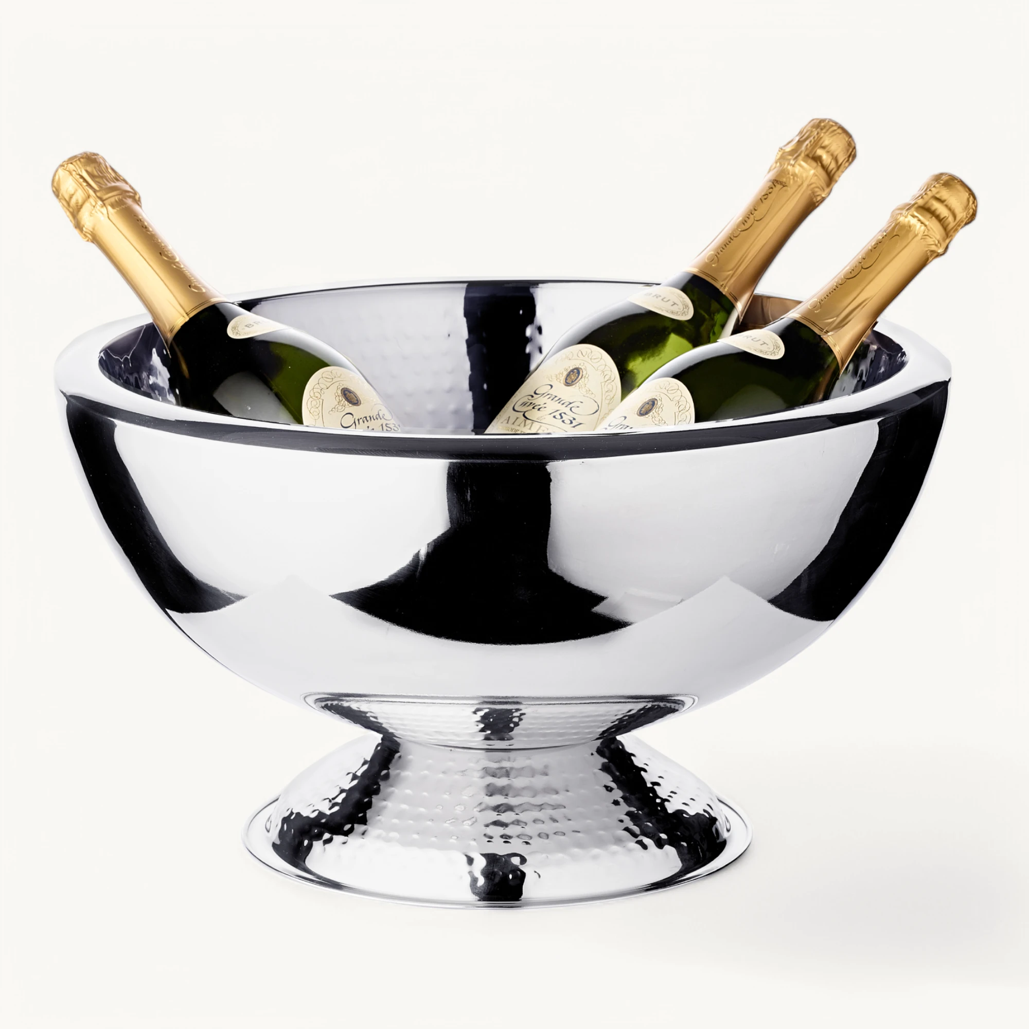 Champagnerkühler Toni, doppelwandig, Edelstahl hochglanzpoliert, Innen und Fuß gehämmert, ø 43 cm