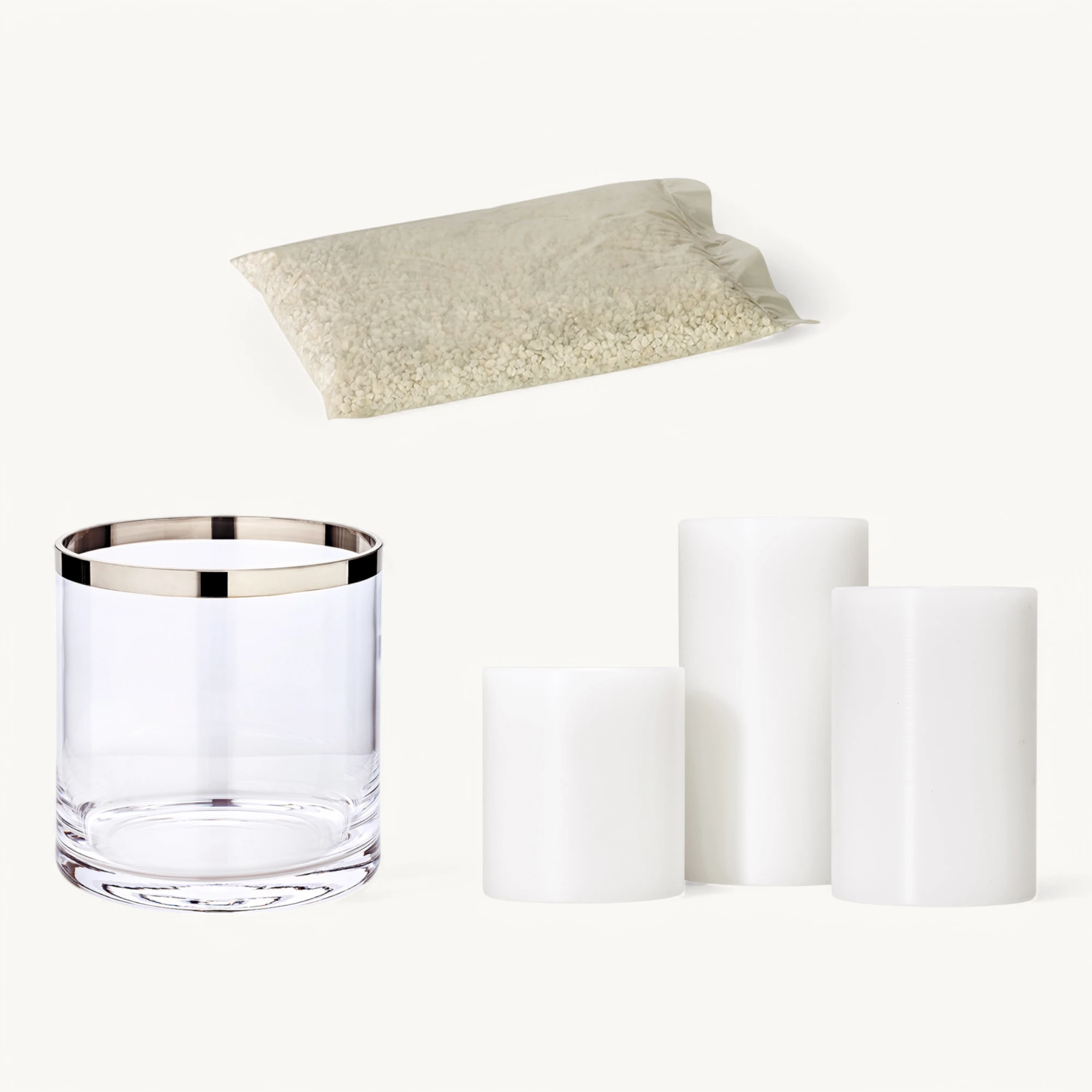 Set Windlicht Molly (Höhe 18 cm), Kristallglas mit Platinrand, inkl. 3er Set Cornelius Dauerkerze und Dekogranulat