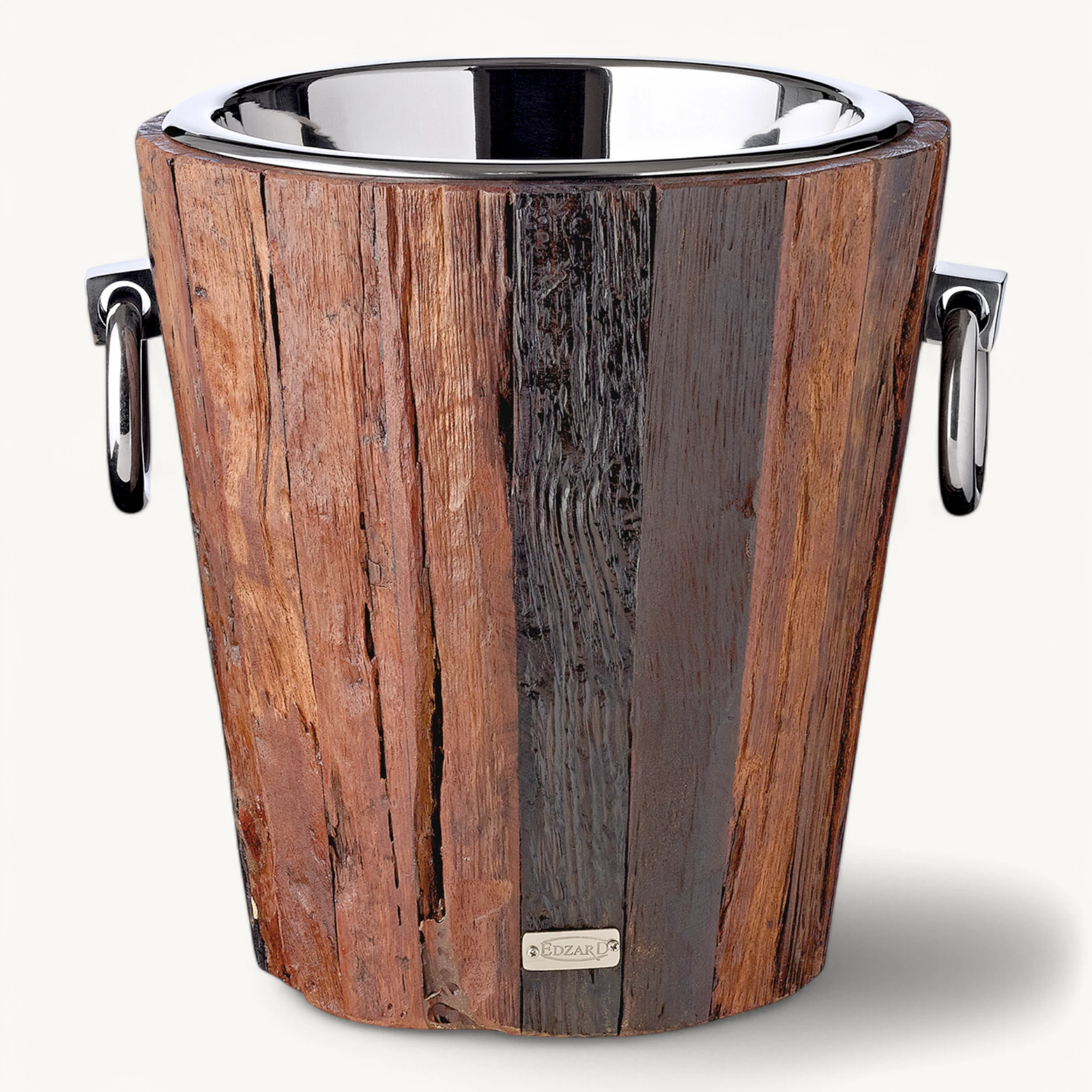 Flaschenkühler Providence (Höhe 31 cm, Ø 27 cm), recyceltes Teakholz, Edelstahl, glänzend vernickelt