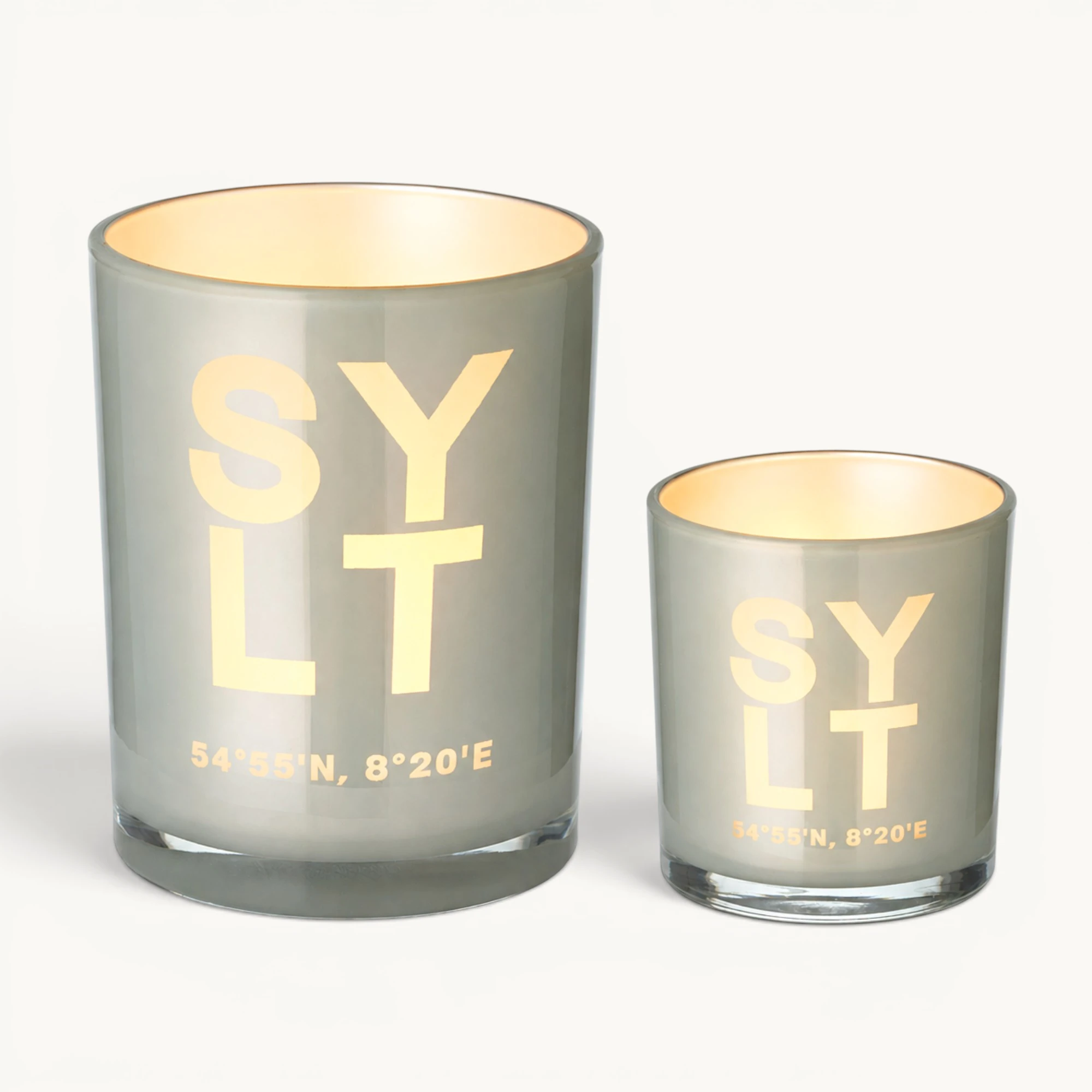 2er-Set Teelichtglas Sylt (Höhe 8 & 12,5 cm), grau, Sylt-Motiv
