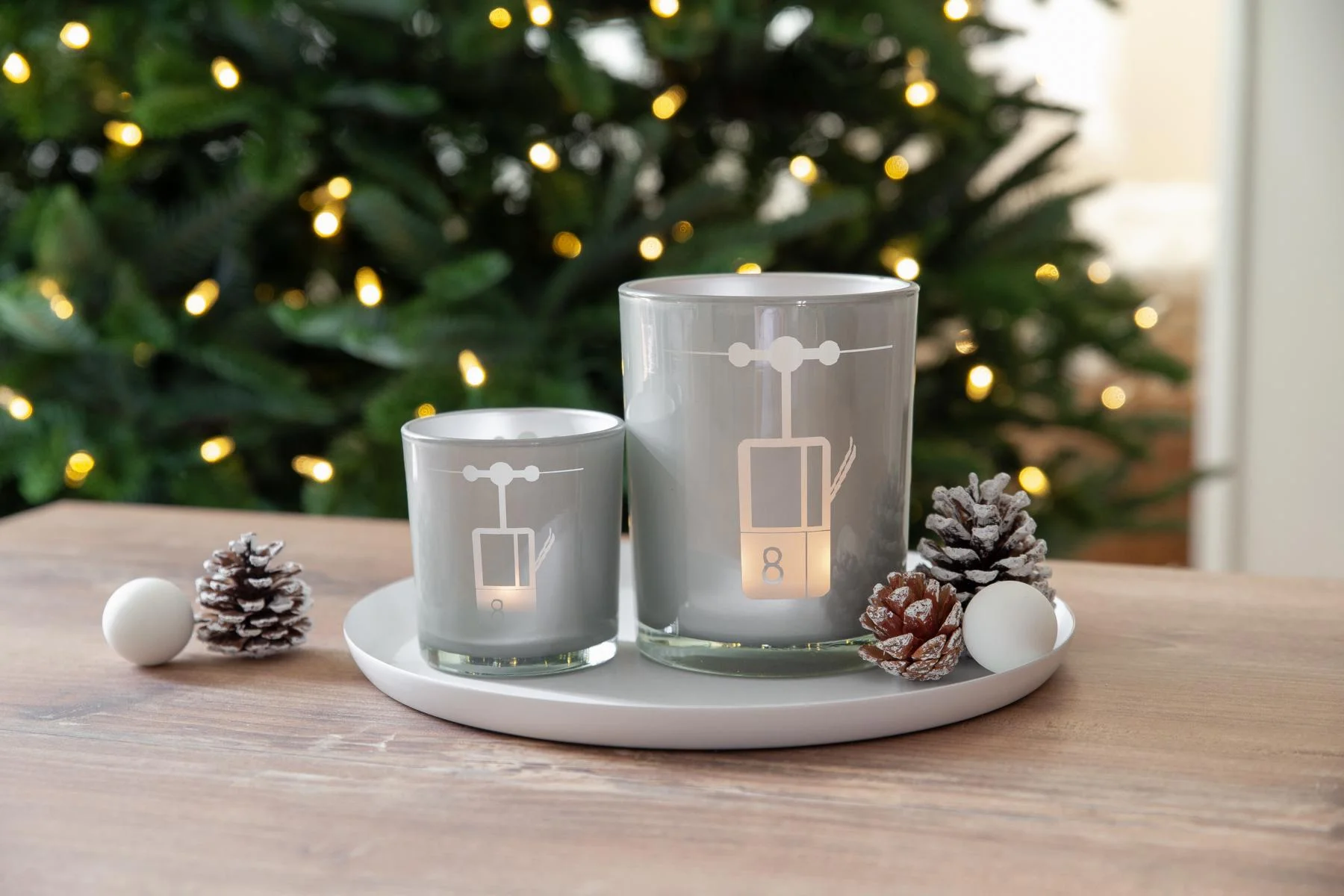 2er-Set Teelichtglas Lift (Höhe 8 cm), grau, Skilift-Motiv
